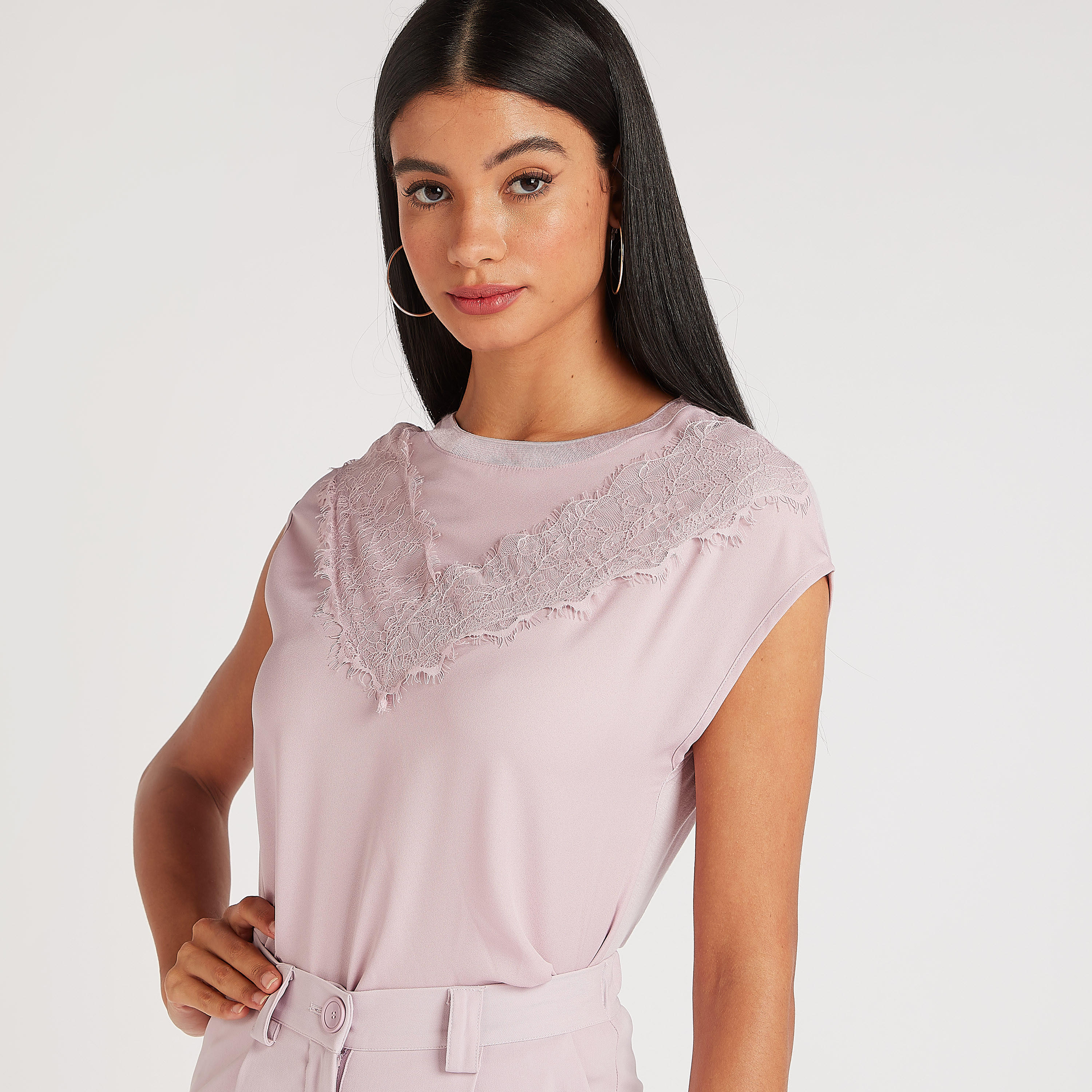 Lace Detailed Crew Neck Top with Cap Sleeves-women-clothing-shirtsandblouses-blouses-image-1