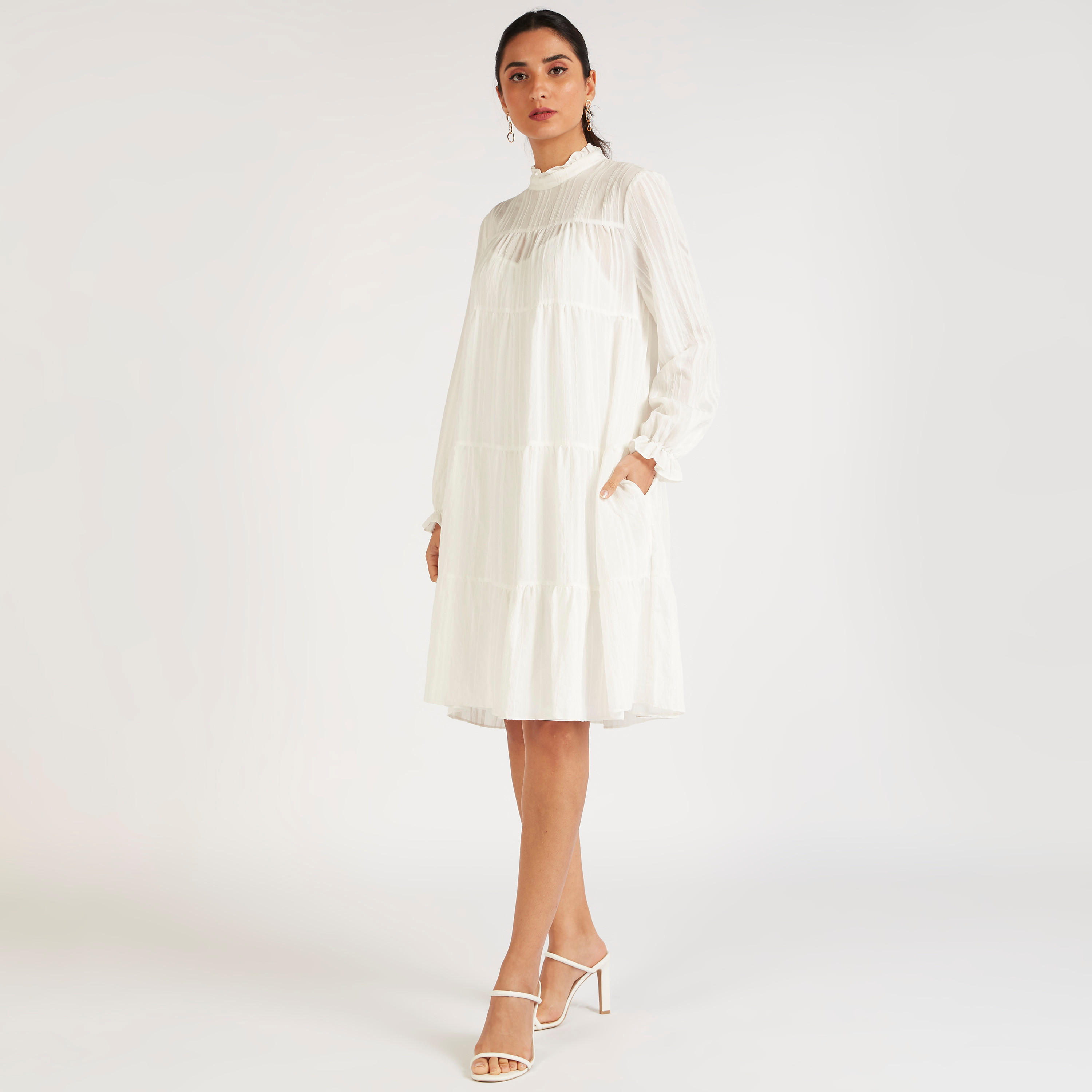 فستان بارز الملمس بياقة كشكش عالية وجيوب-women-clothing-dresses-image-2