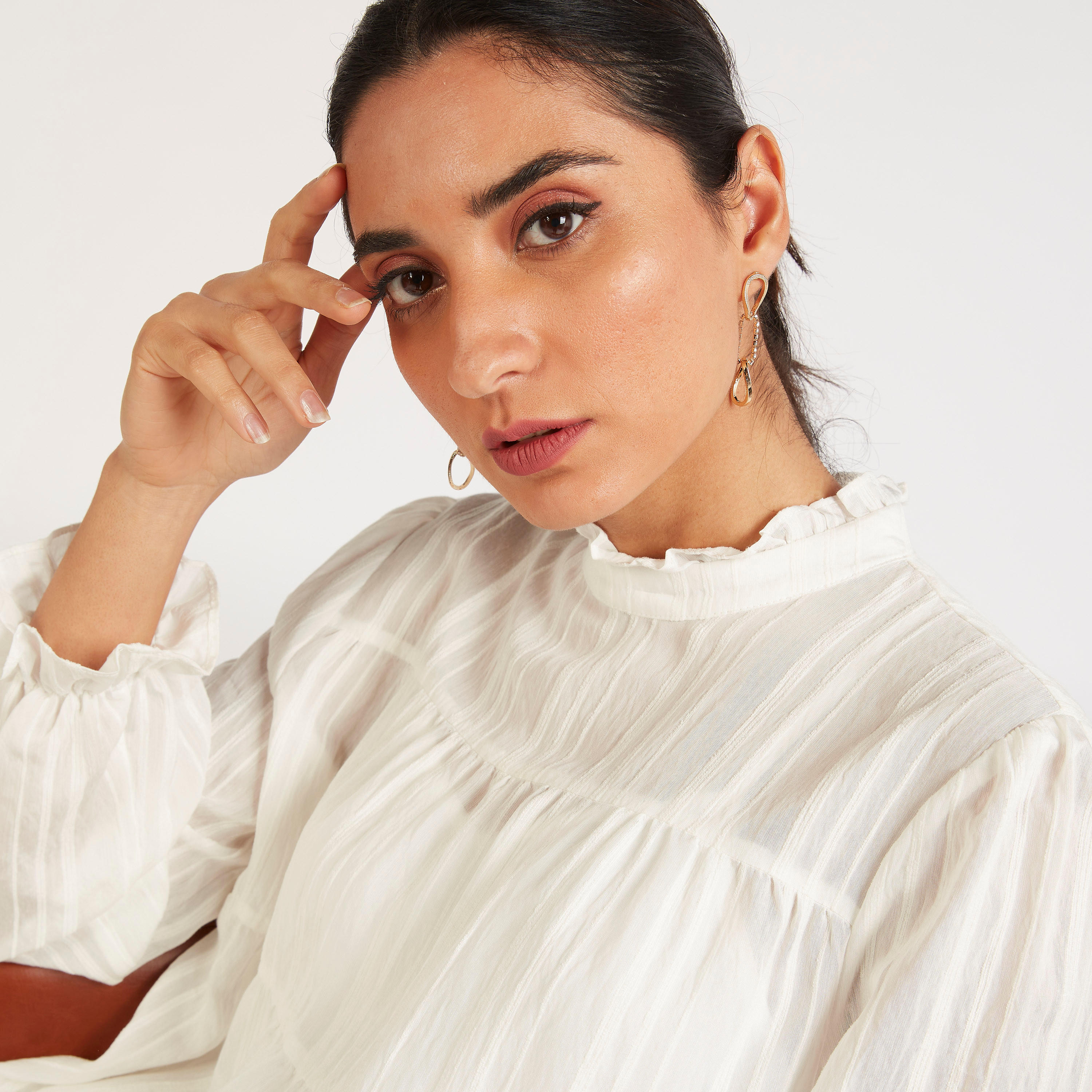 فستان بارز الملمس بياقة كشكش عالية وجيوب-women-clothing-dresses-image-3