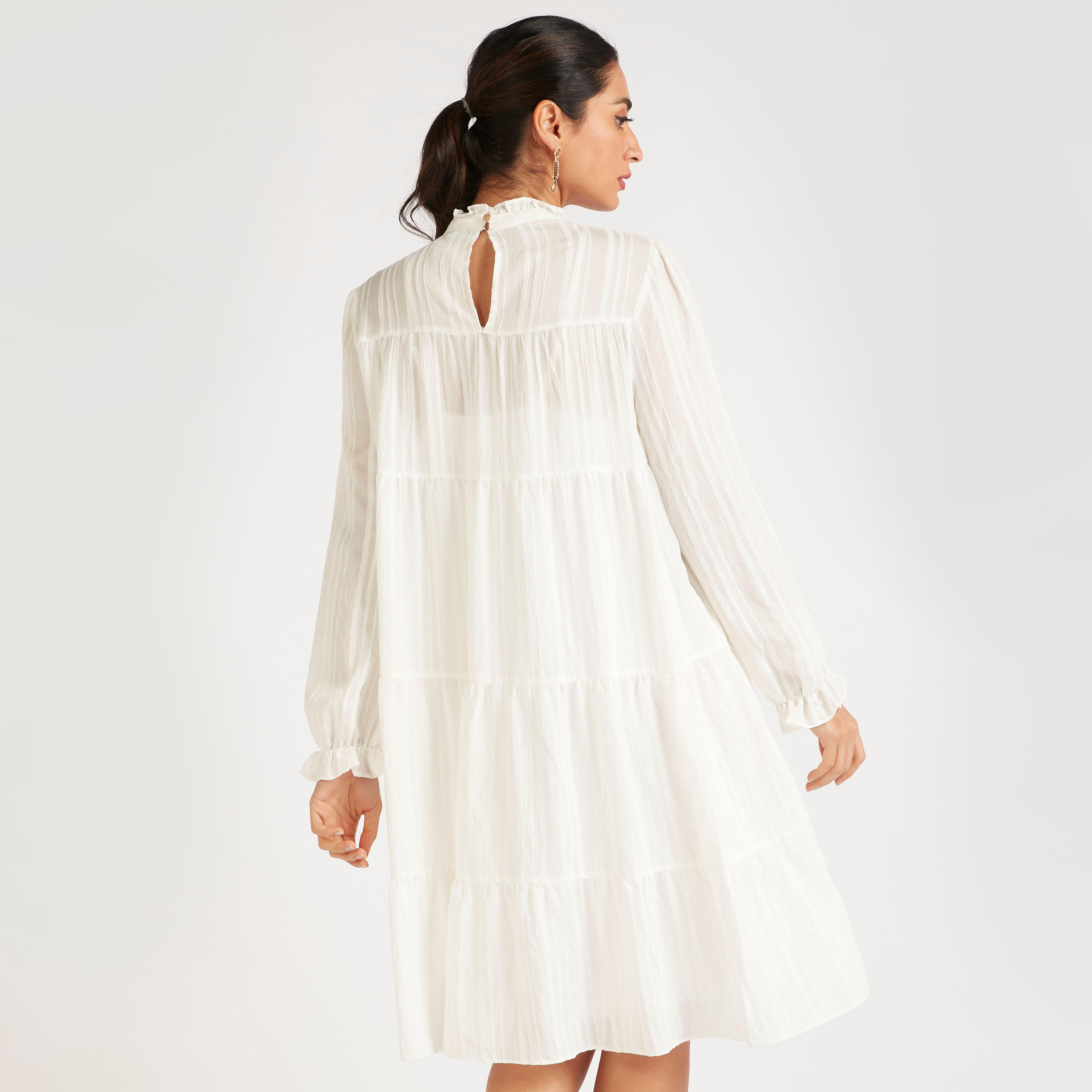فستان بارز الملمس بياقة كشكش عالية وجيوب-women-clothing-dresses-image-4
