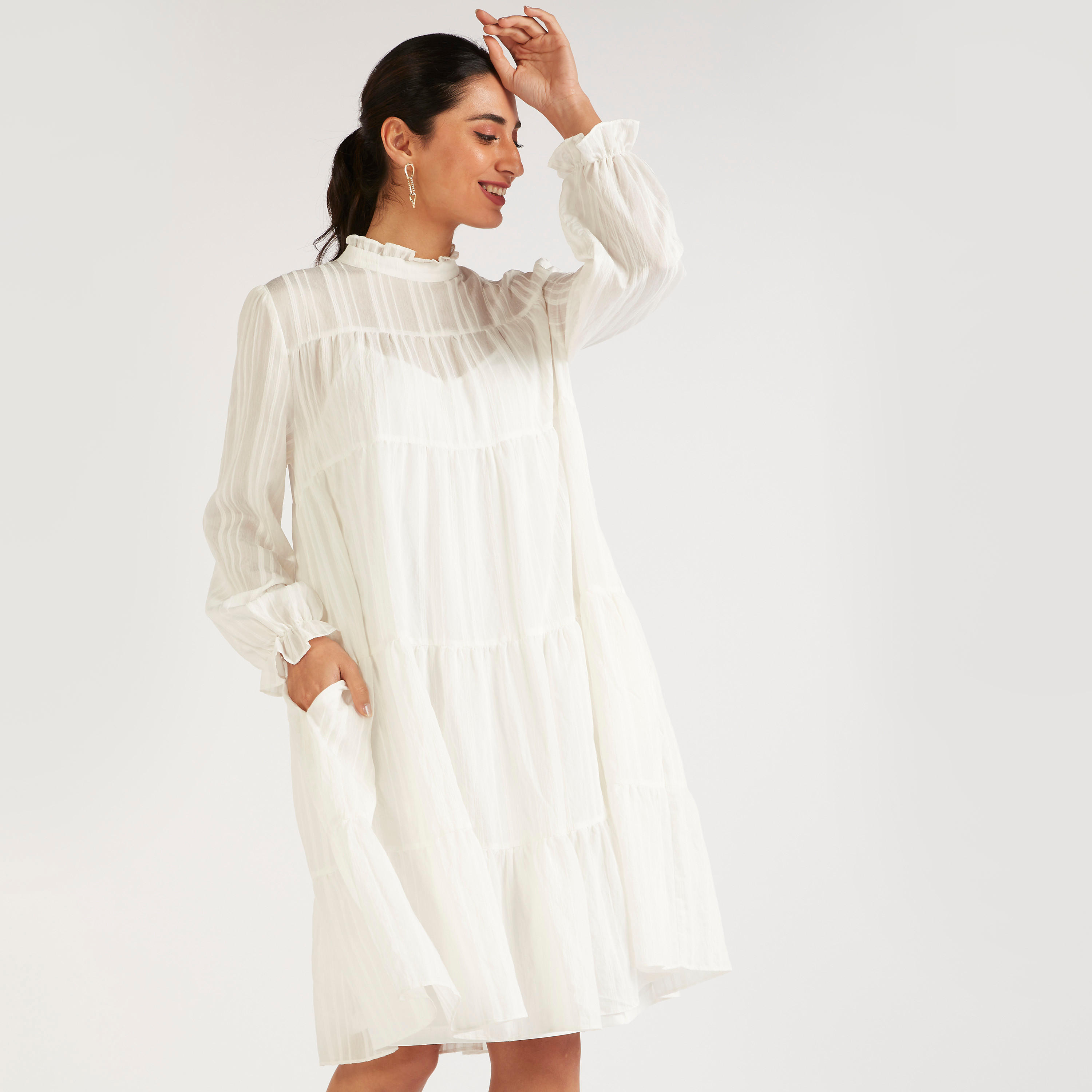 فستان بارز الملمس بياقة كشكش عالية وجيوب-women-clothing-dresses-image-7