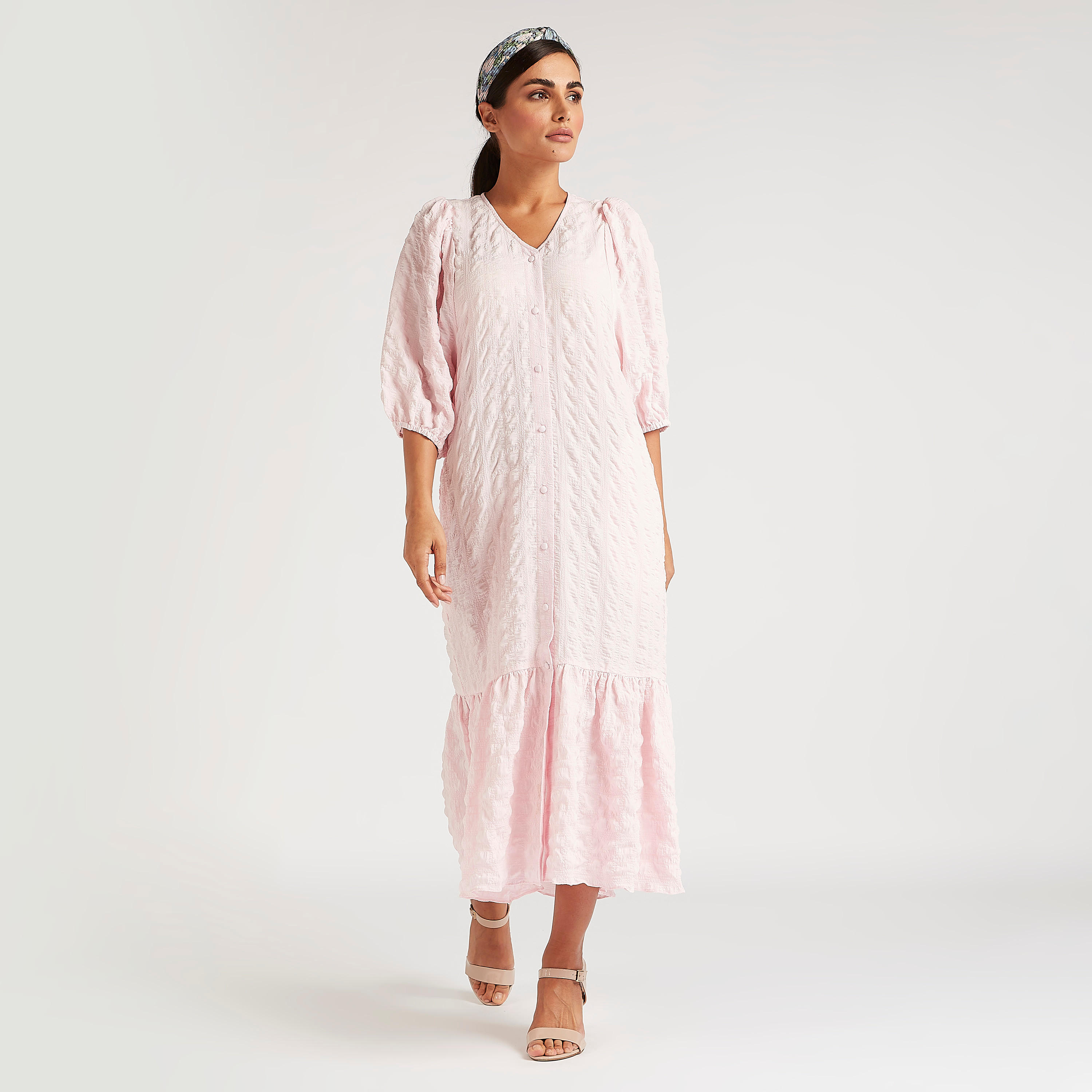 فستان إيه لاين ميدي بارز الملمس بياقة V وأكمام 3/4-women-clothing-dresses-image-1