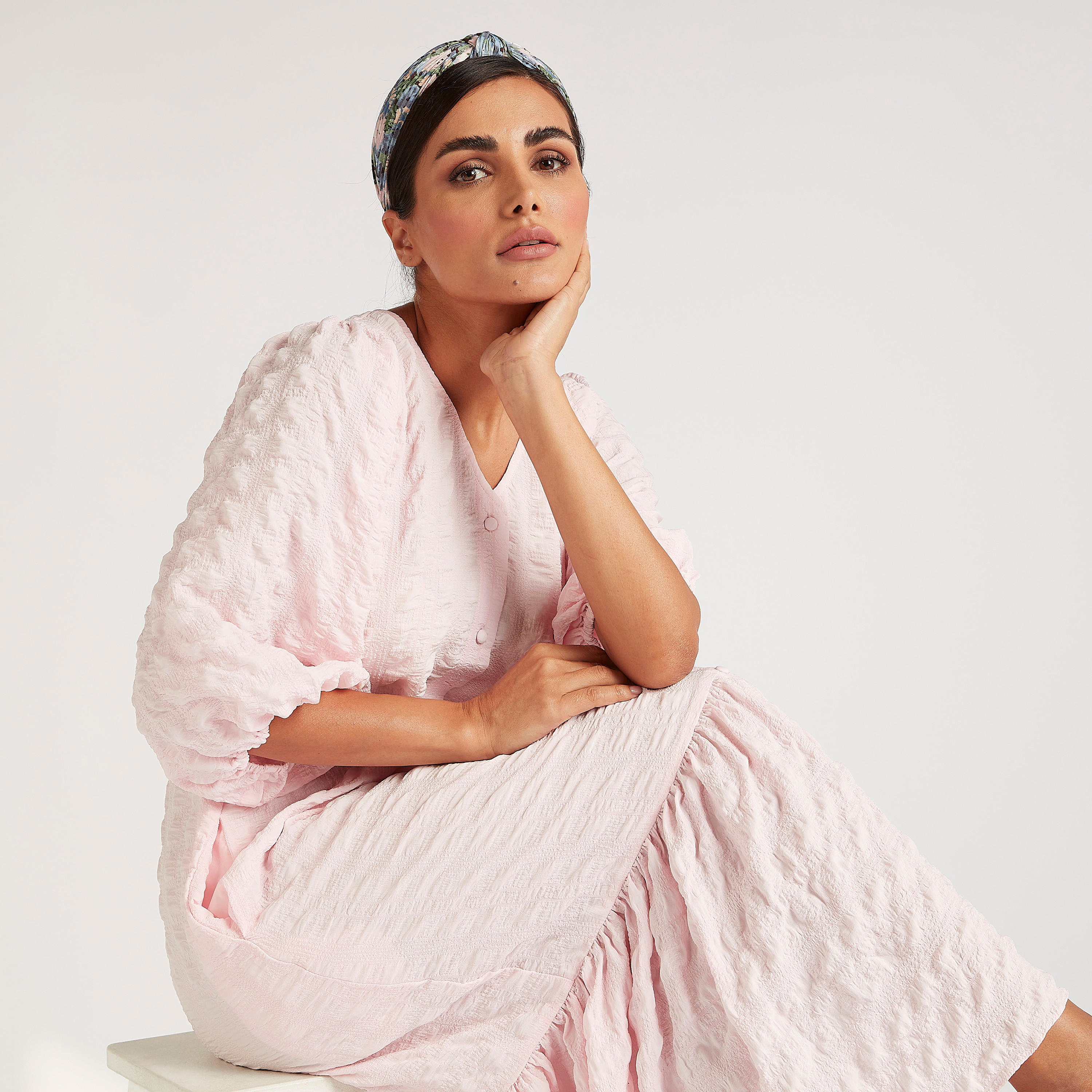 فستان إيه لاين ميدي بارز الملمس بياقة V وأكمام 3/4-women-clothing-dresses-image-2
