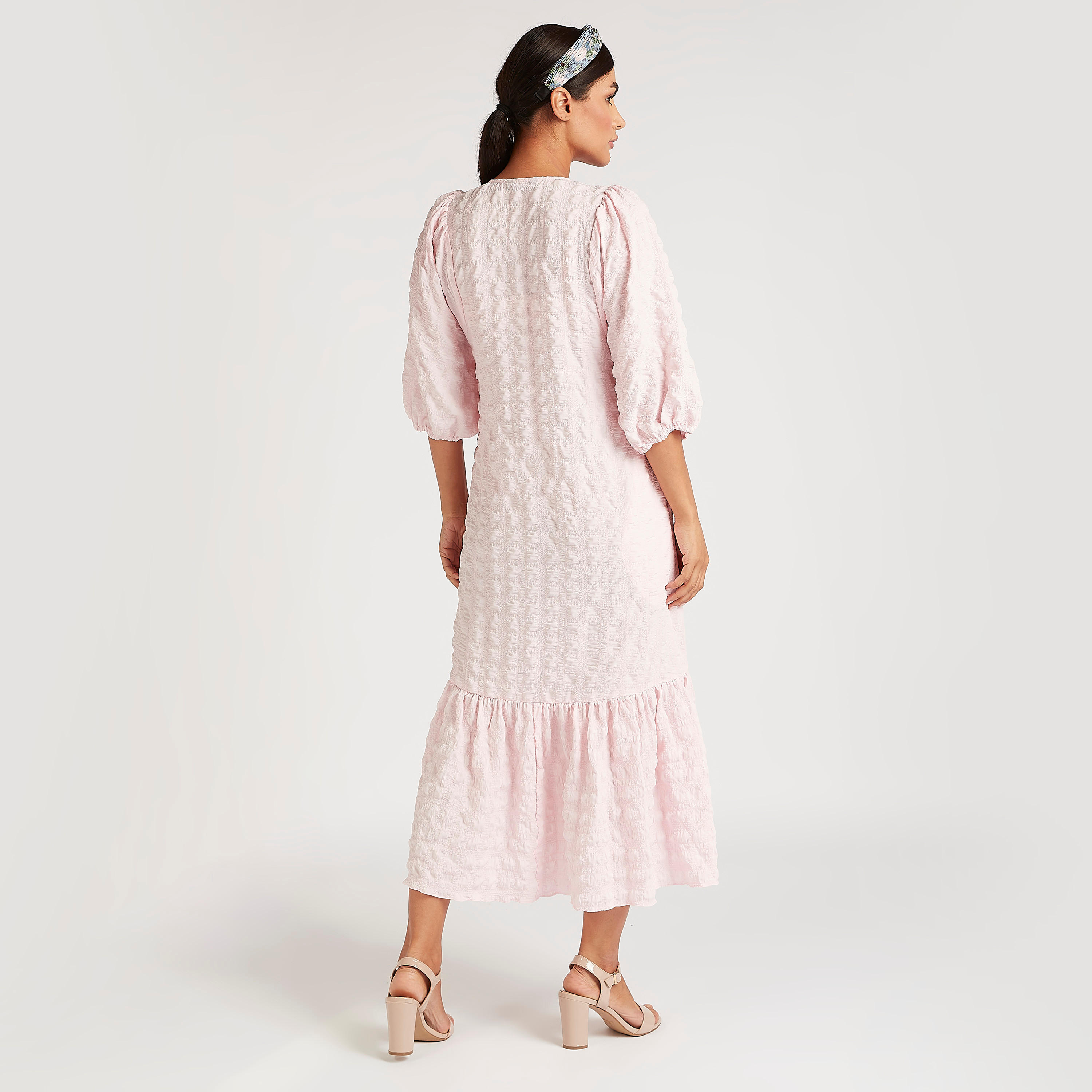 فستان إيه لاين ميدي بارز الملمس بياقة V وأكمام 3/4-women-clothing-dresses-image-4