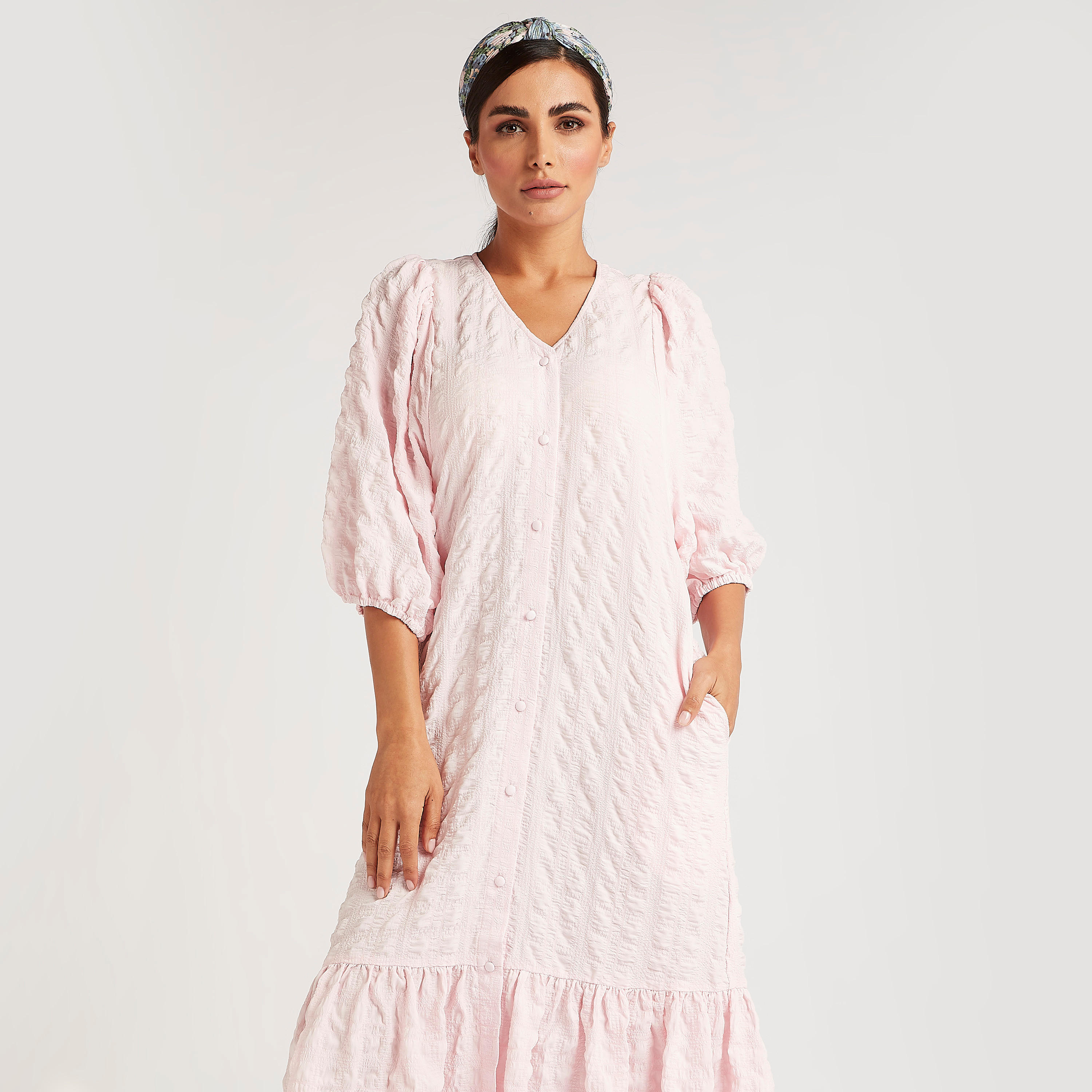 فستان إيه لاين ميدي بارز الملمس بياقة V وأكمام 3/4-women-clothing-dresses-image-5