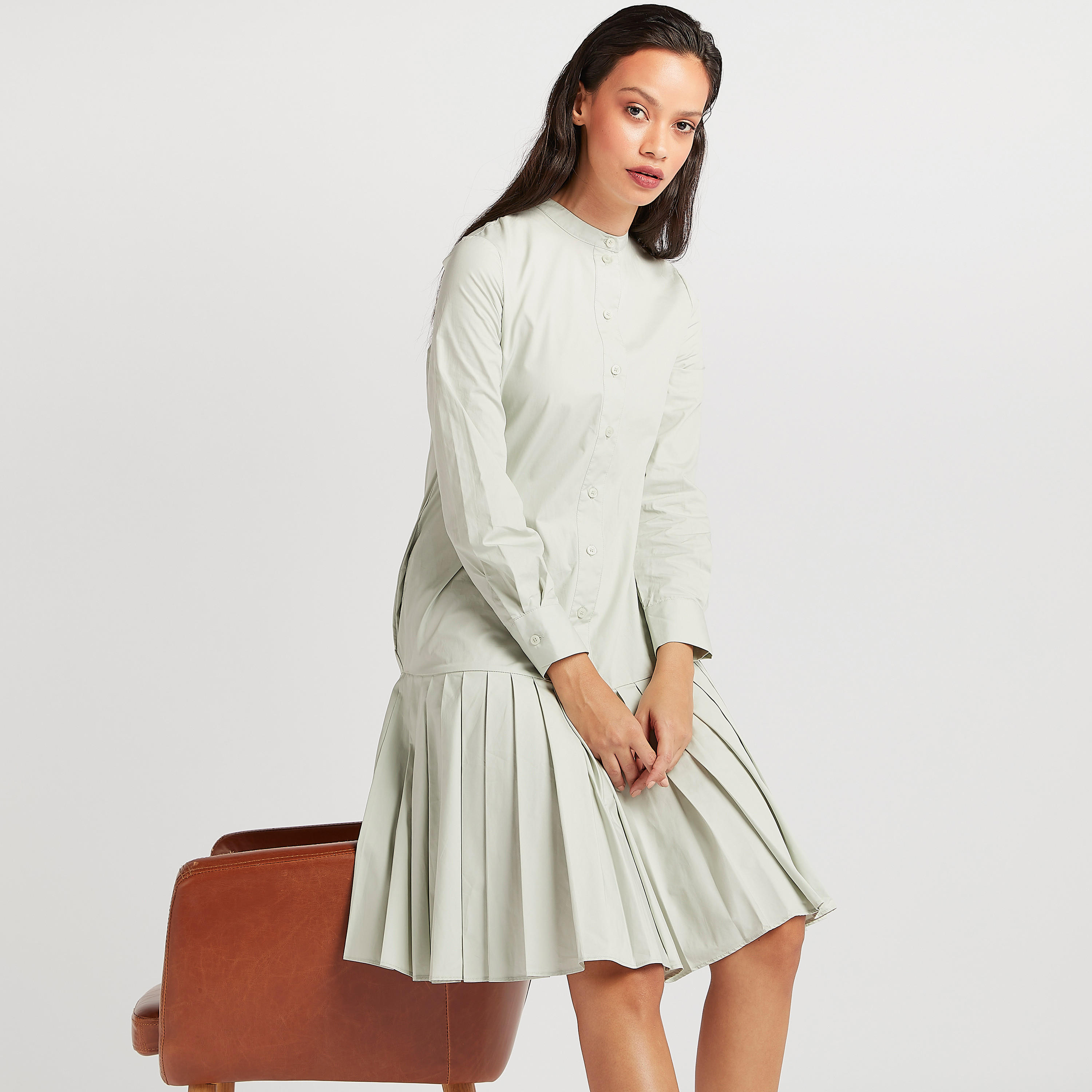 تونيك طويل سادة بتفاصيل ثنايا وزر إغلاق-women-clothing-dresses-image-5