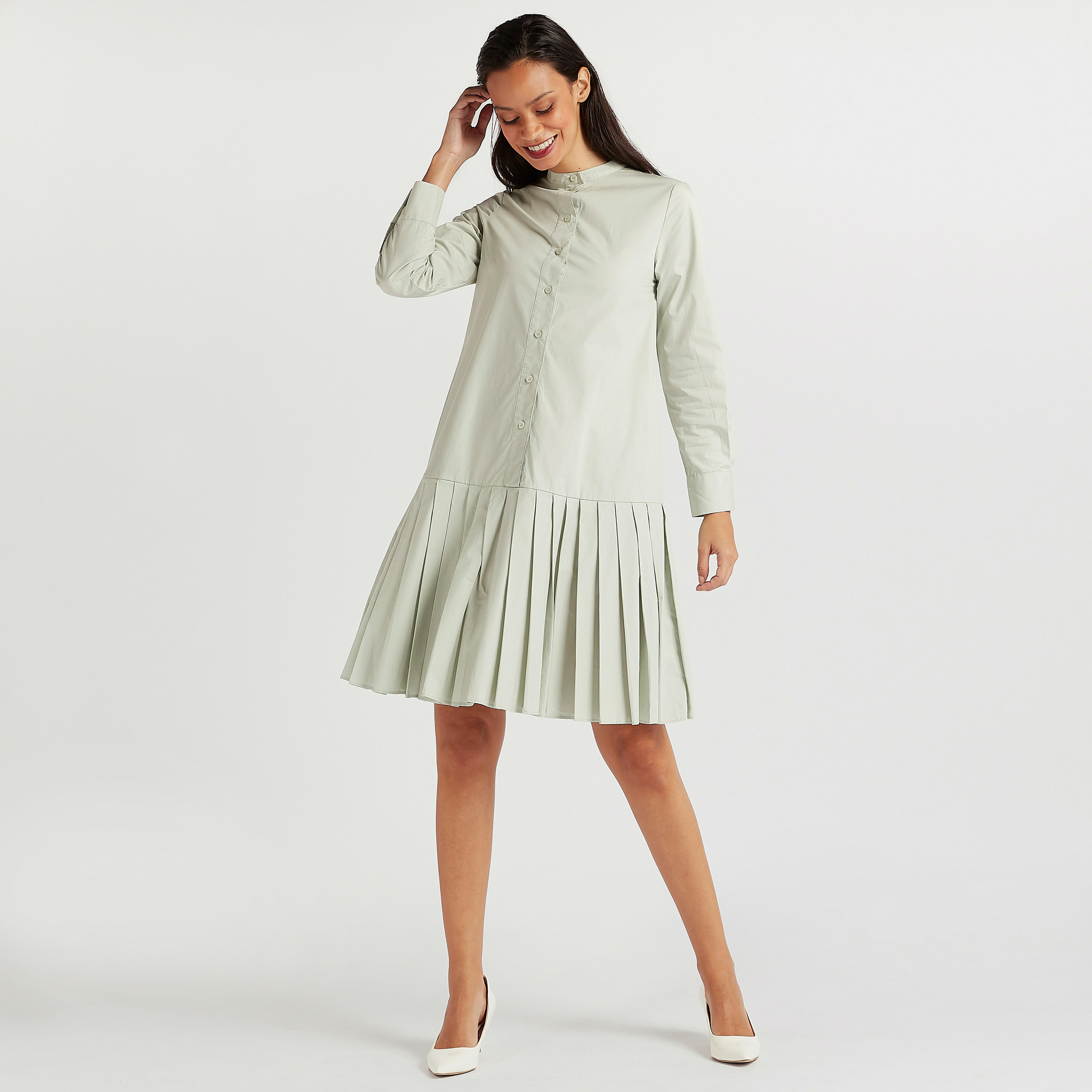 تونيك طويل سادة بتفاصيل ثنايا وزر إغلاق-women-clothing-dresses-image-4