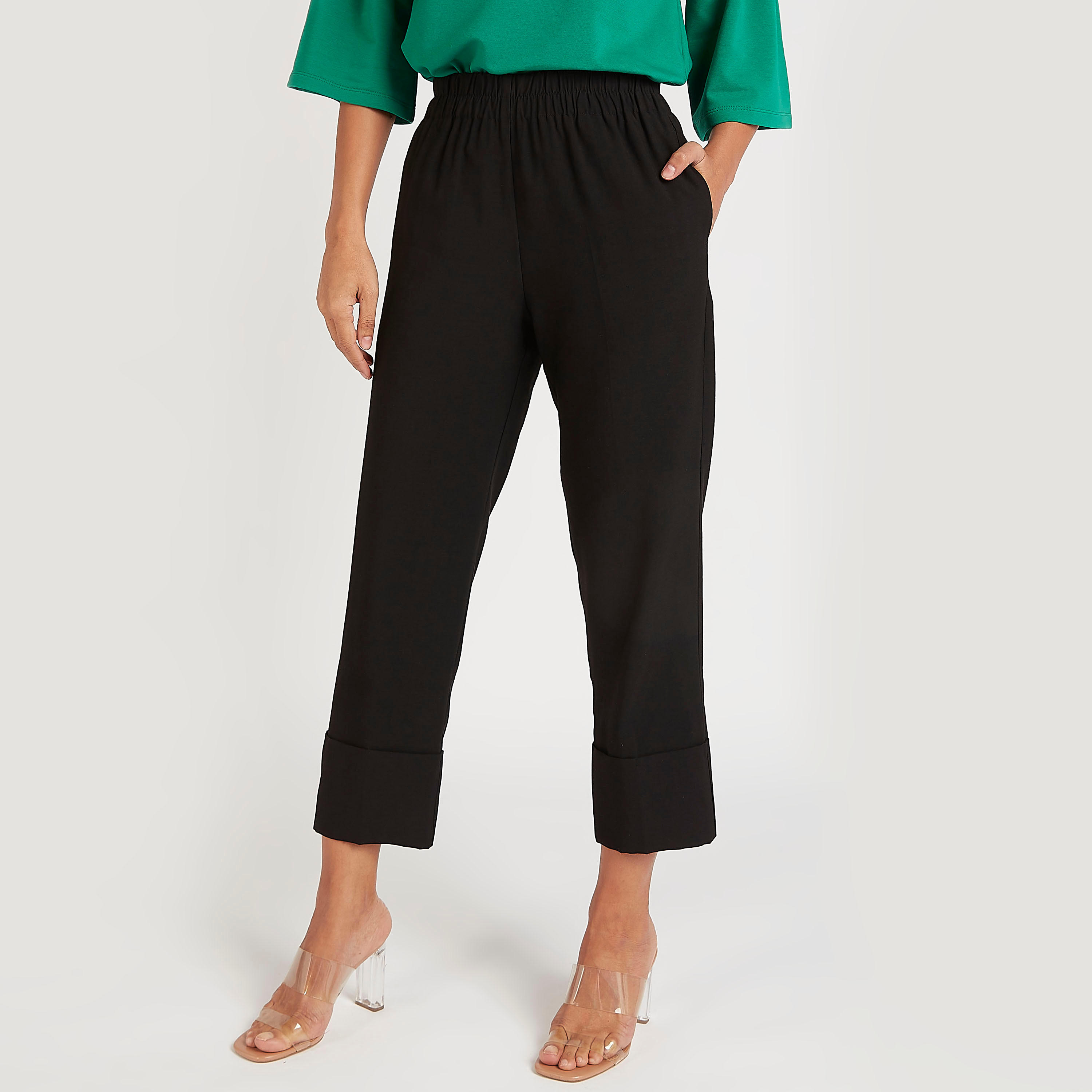 Solid Mid-Rise Trousers with Elasticated Waistband-women-clothing-bottoms-trousers-image-1