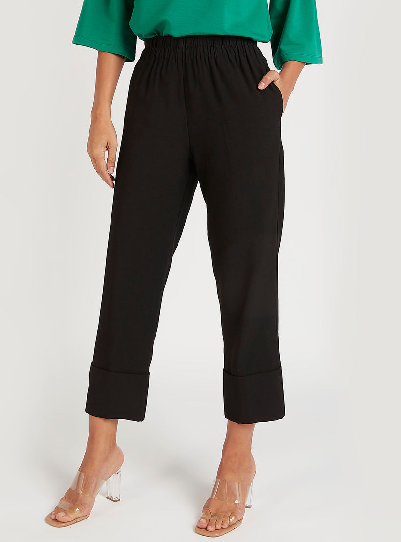 Solid Mid-Rise Trousers with Elasticated Waistband-women-clothing-bottoms-trousers-image-1