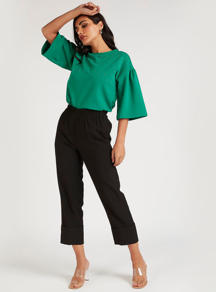 Solid Mid-Rise Trousers with Elasticated Waistband-women-clothing-bottoms-trousers-image-2