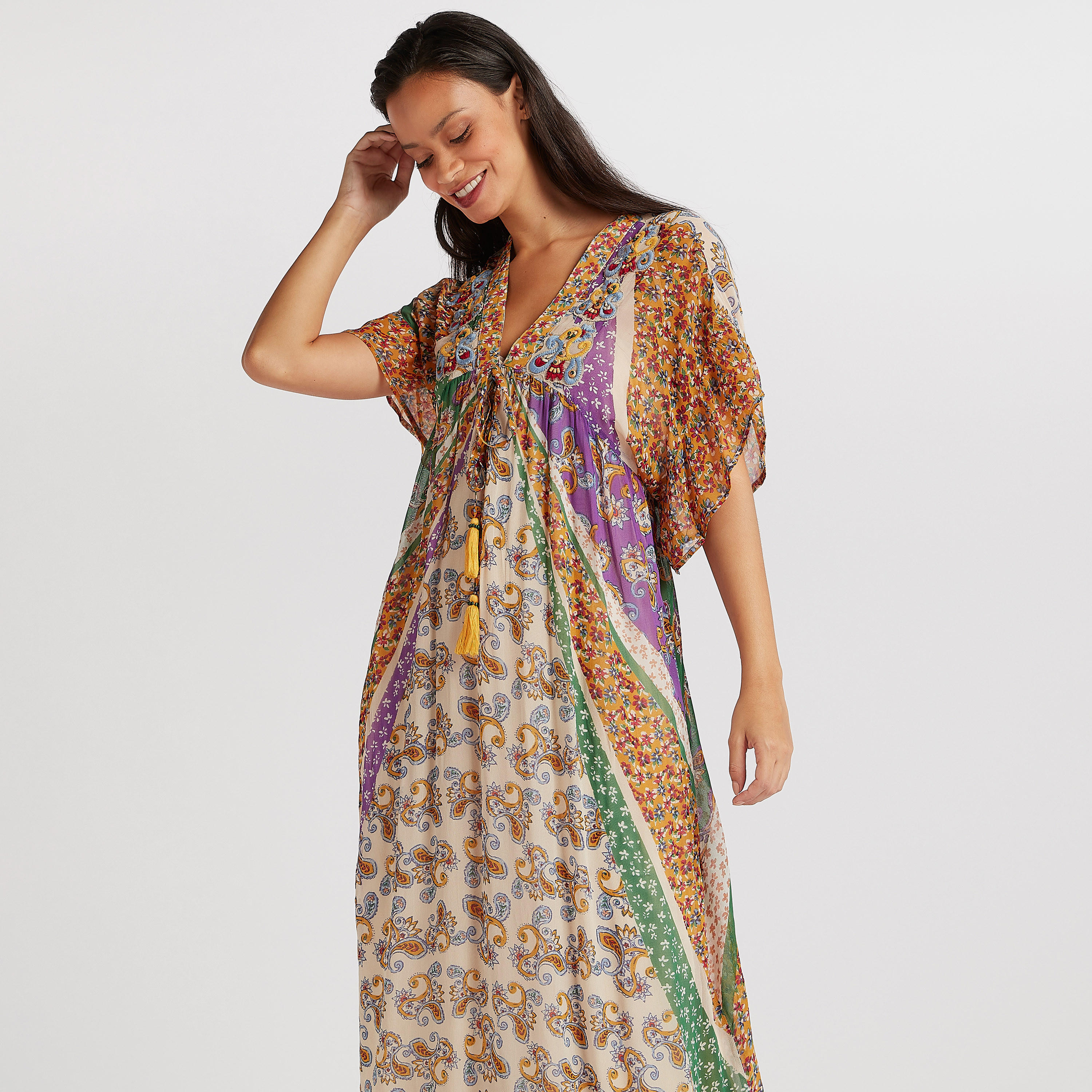 فستان إيه لاين طويل بياقة v وأكمام واسعة-women-clothing-dresses-image-2
