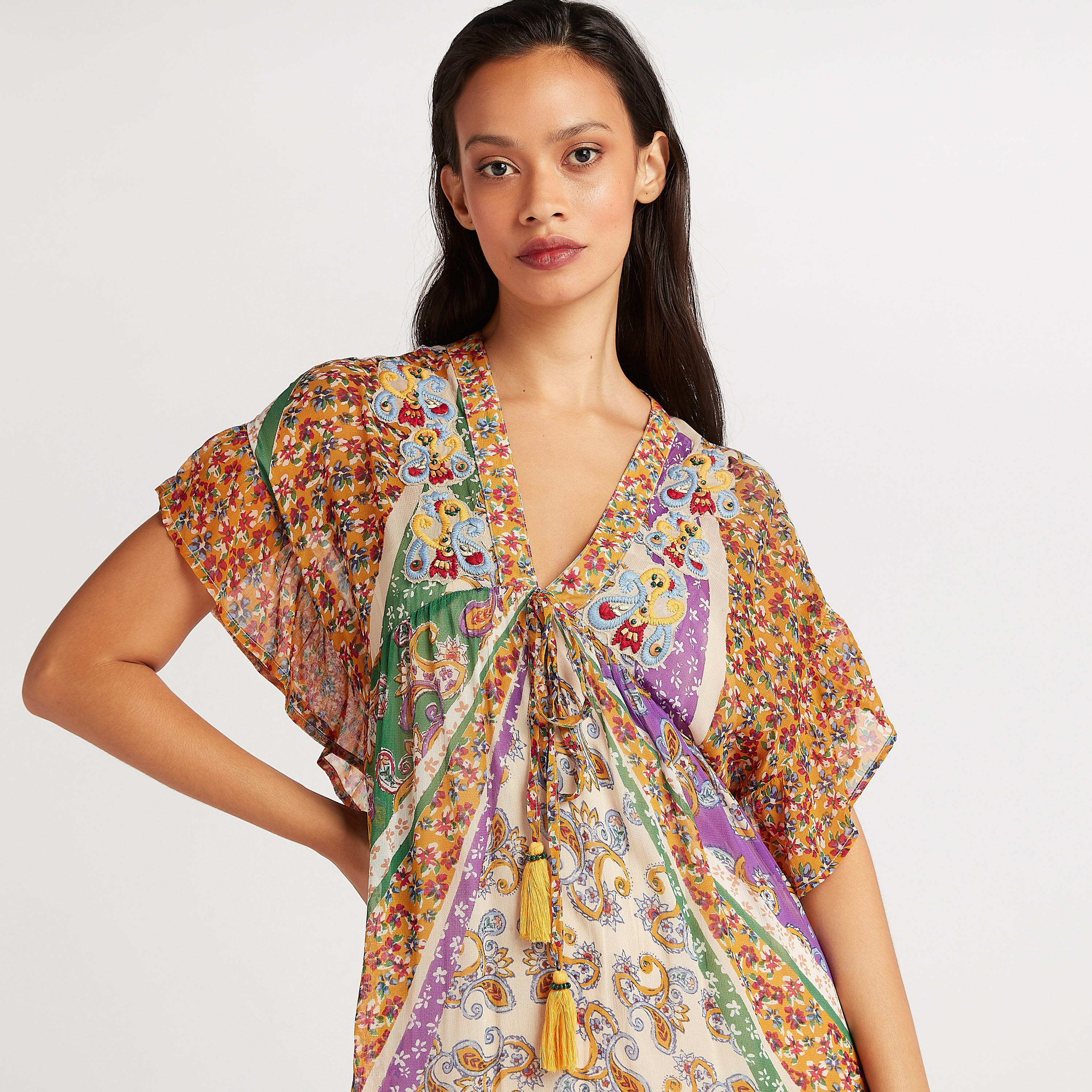فستان إيه لاين طويل بياقة v وأكمام واسعة-women-clothing-dresses-image-3