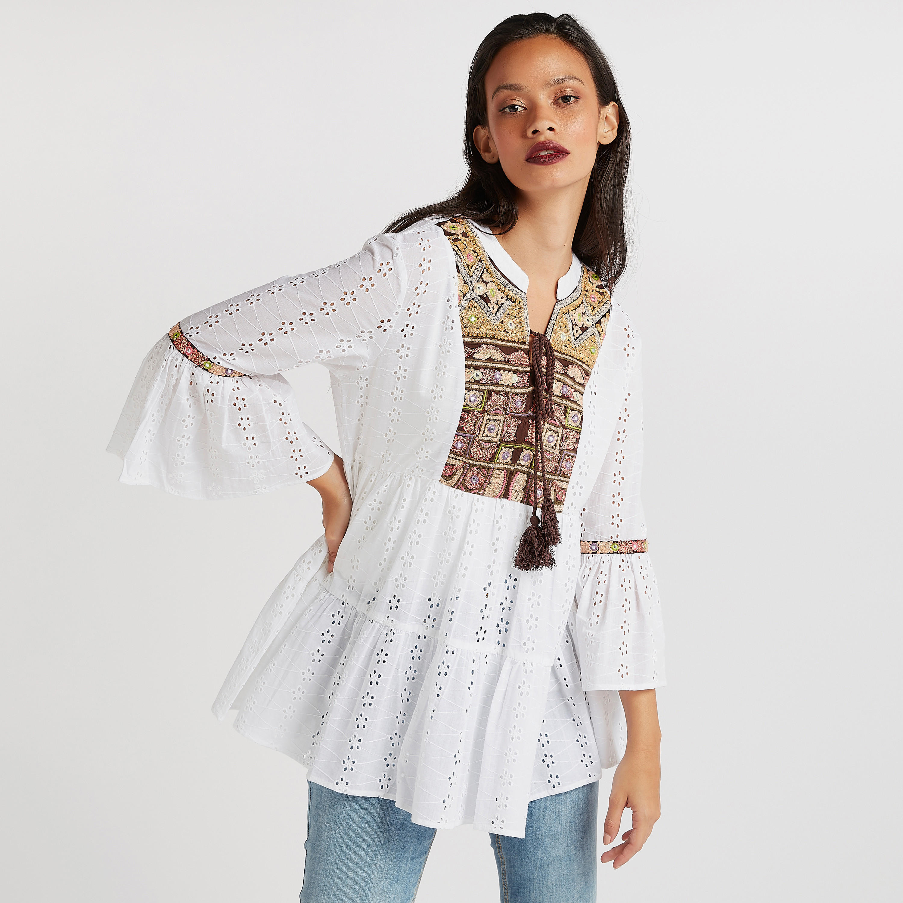 Embroidered Top with Tie Neck and Flared Sleeves-women-clothing-shirtsandblouses-blouses-image-1