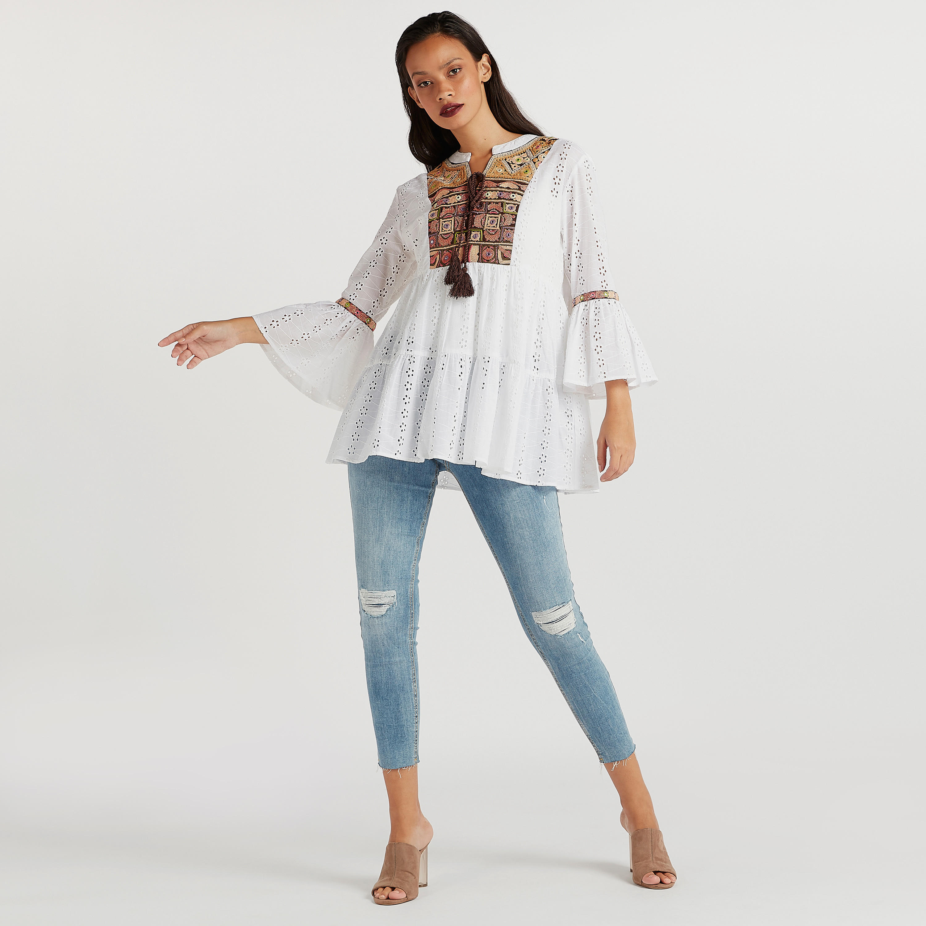 Embroidered Top with Tie Neck and Flared Sleeves-women-clothing-shirtsandblouses-blouses-image-2