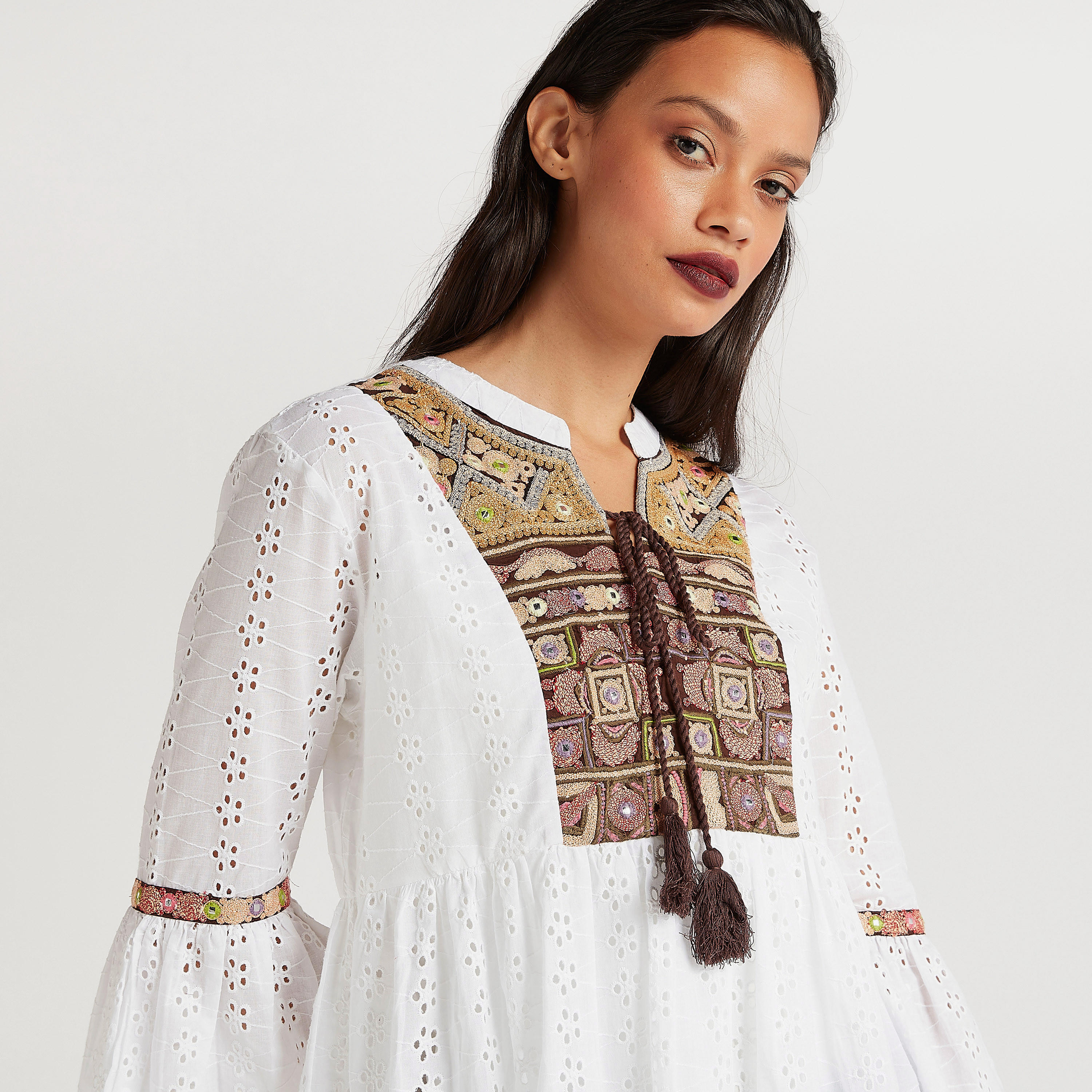 Embroidered Top with Tie Neck and Flared Sleeves-women-clothing-shirtsandblouses-blouses-image-3