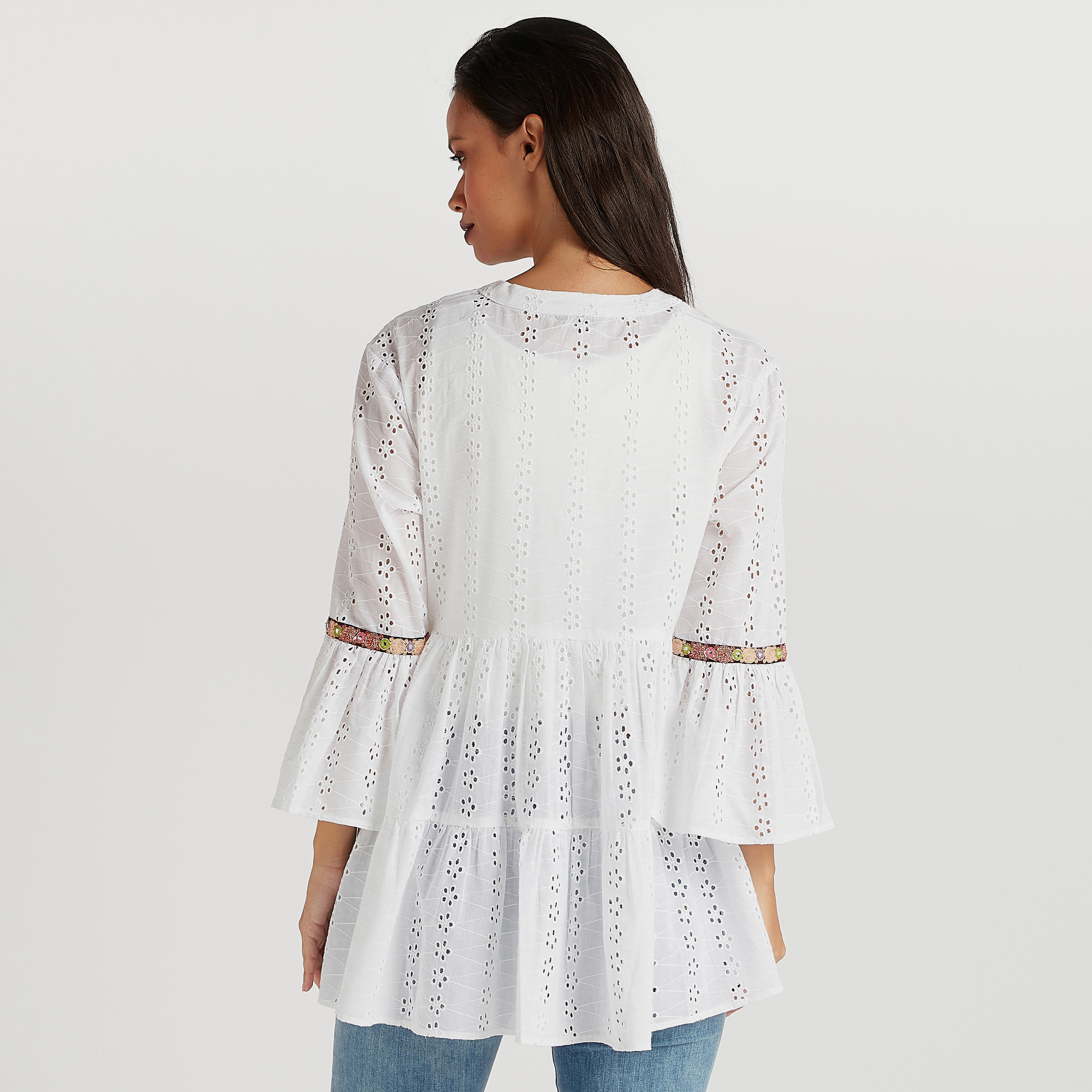 Embroidered Top with Tie Neck and Flared Sleeves-women-clothing-shirtsandblouses-blouses-image-4