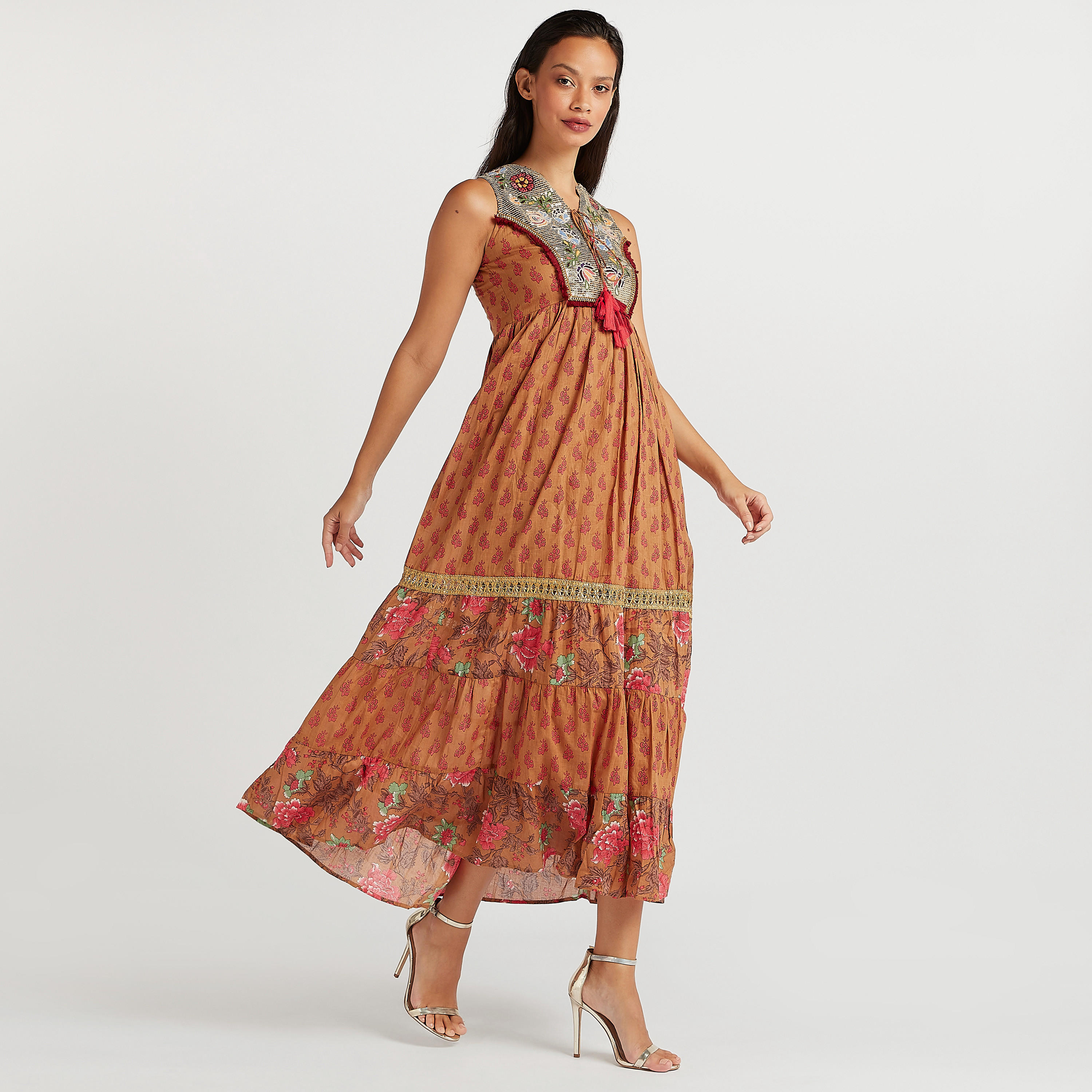 فستان ميدي إيه لاين مزيّن دون أكمام مع ربطة عنق-women-clothing-dresses-image-5