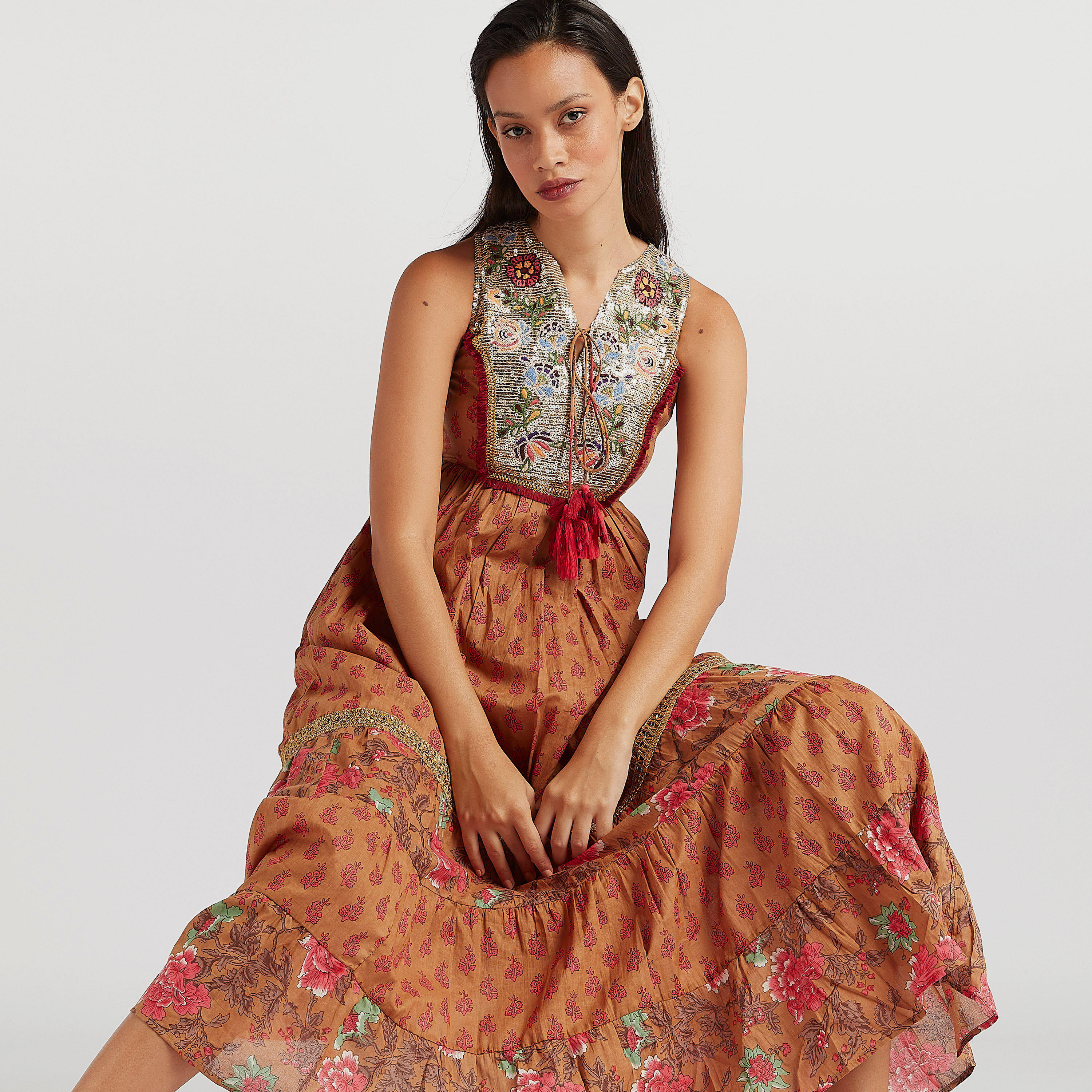 فستان ميدي إيه لاين مزيّن دون أكمام مع ربطة عنق-women-clothing-dresses-image-4