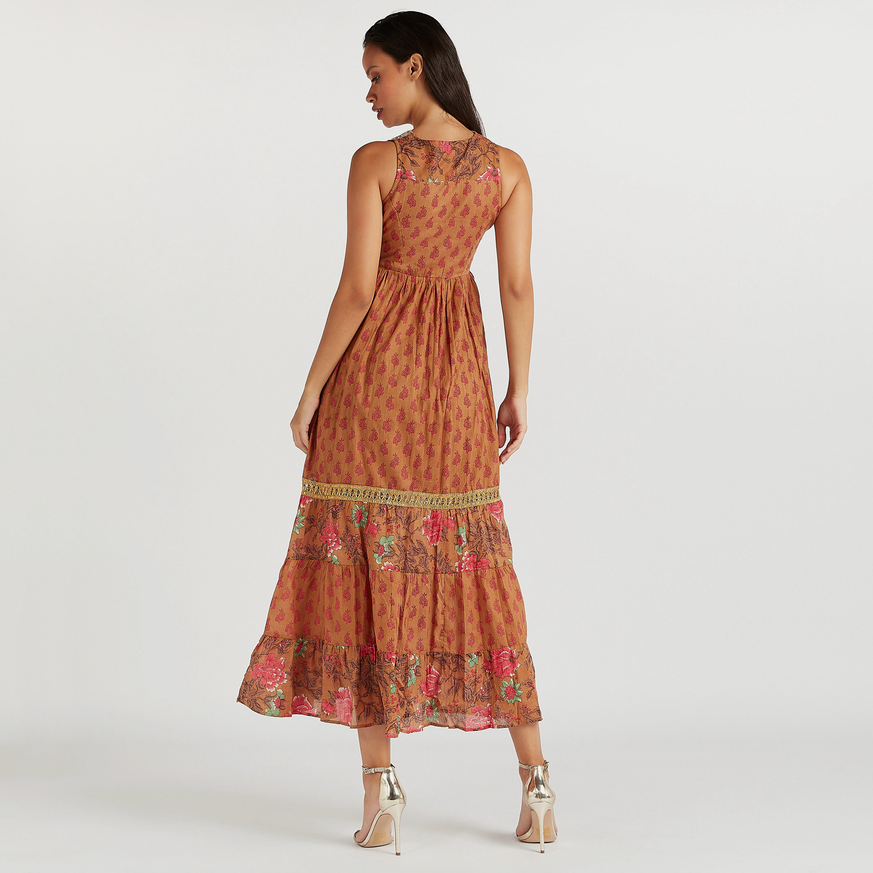 فستان ميدي إيه لاين مزيّن دون أكمام مع ربطة عنق-women-clothing-dresses-image-2