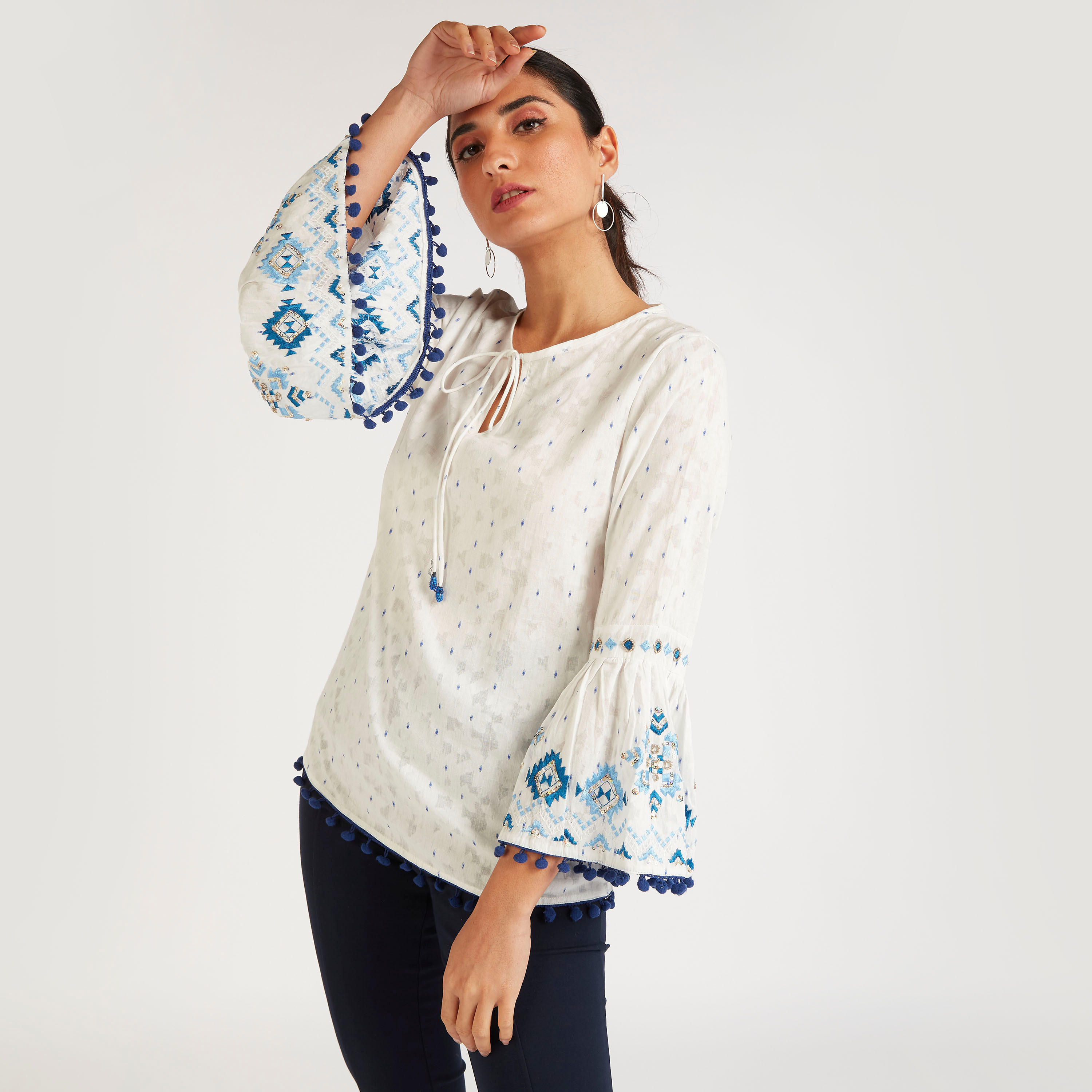 Embroidered Top with Neck Tie-Up and Flared Sleeves-women-clothing-shirtsandblouses-blouses-image-1