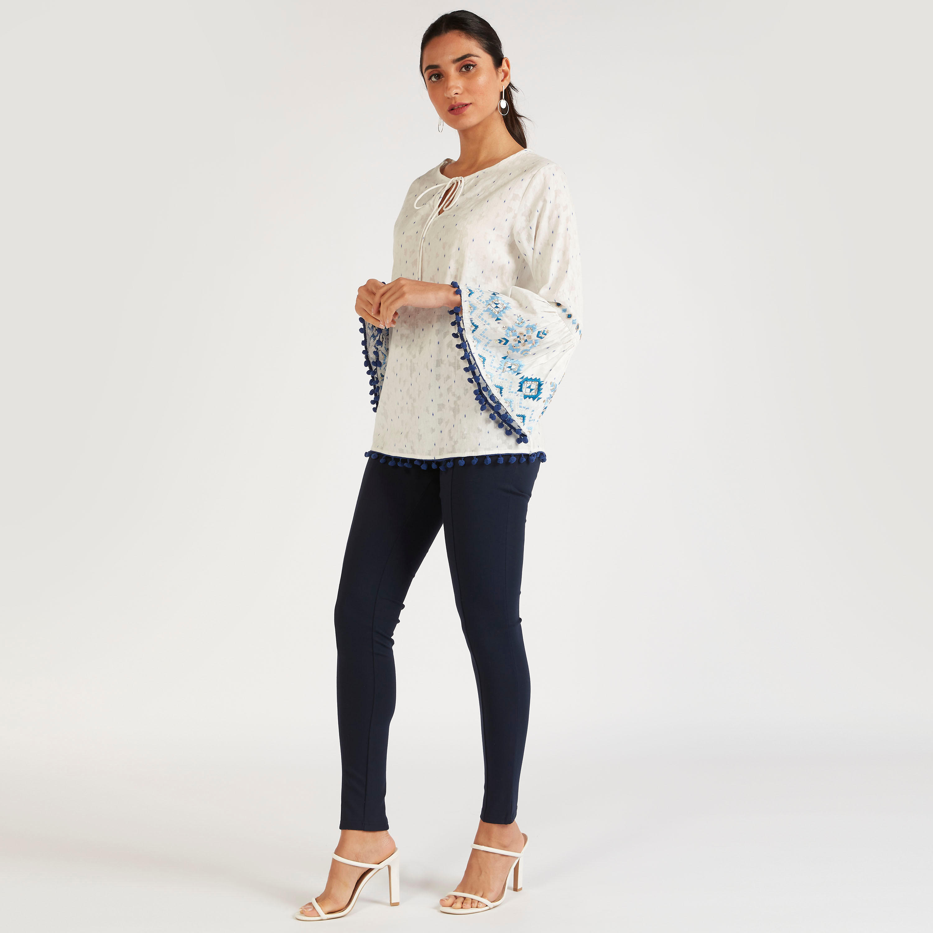 Embroidered Top with Neck Tie-Up and Flared Sleeves-women-clothing-shirtsandblouses-blouses-image-2