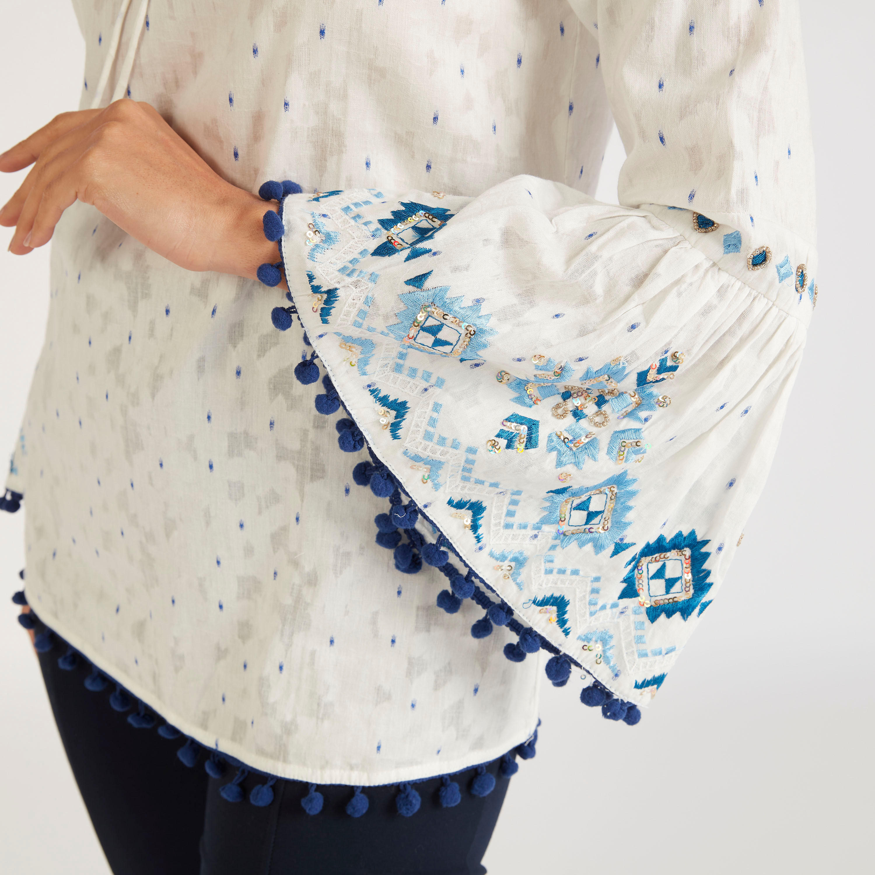 Embroidered Top with Neck Tie-Up and Flared Sleeves-women-clothing-shirtsandblouses-blouses-image-3