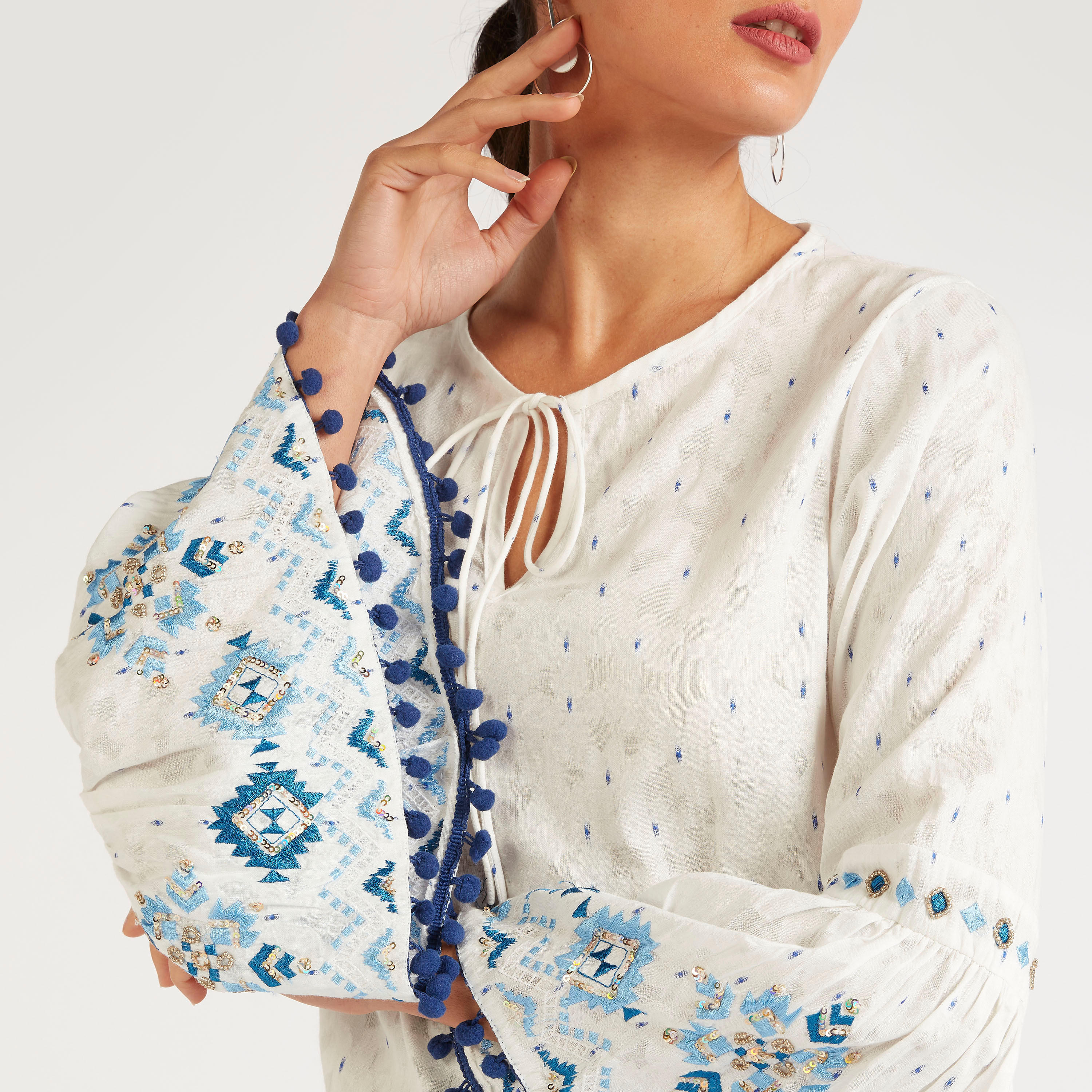 Embroidered Top with Neck Tie-Up and Flared Sleeves-women-clothing-shirtsandblouses-blouses-image-5