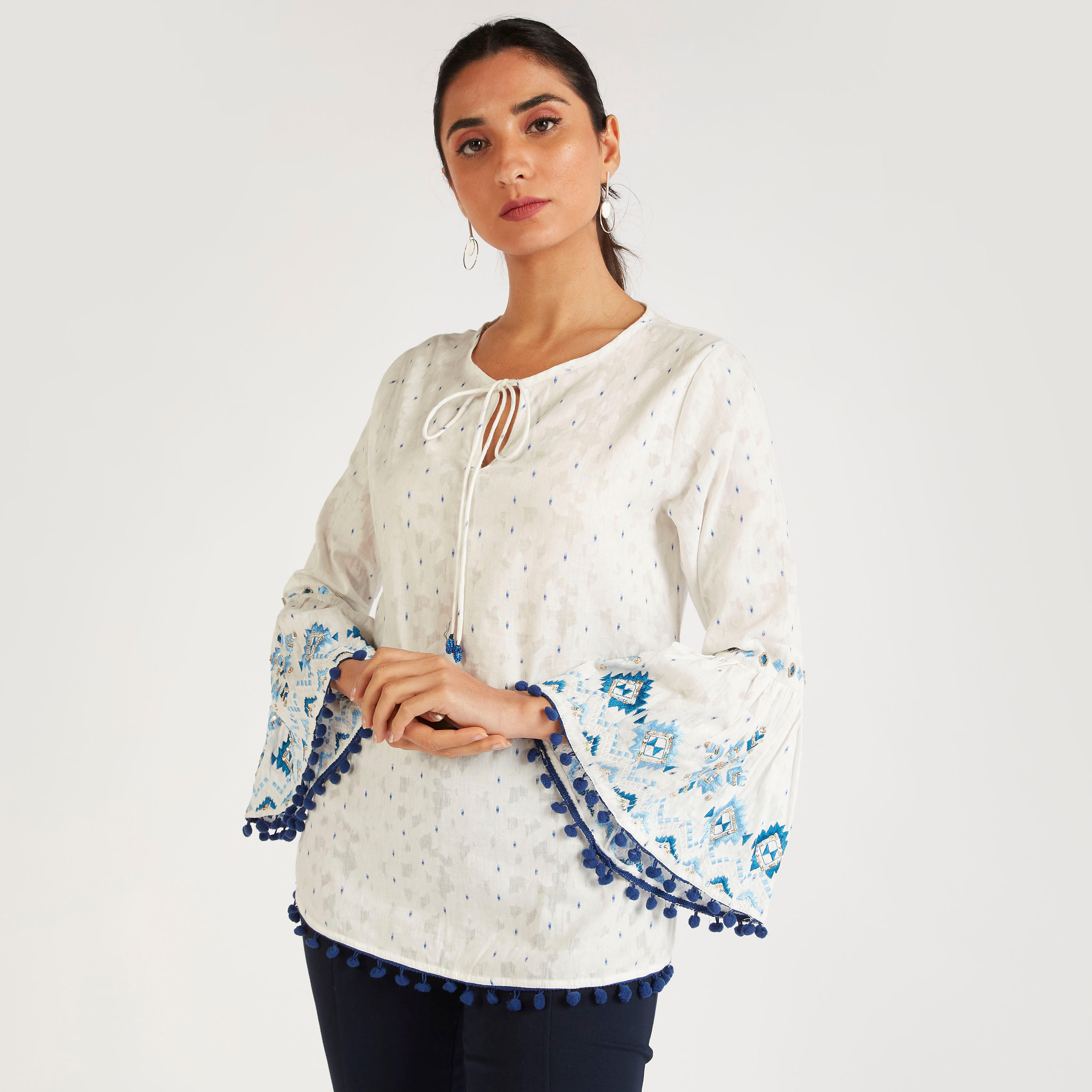 Embroidered Top with Neck Tie-Up and Flared Sleeves-women-clothing-shirtsandblouses-blouses-image-6