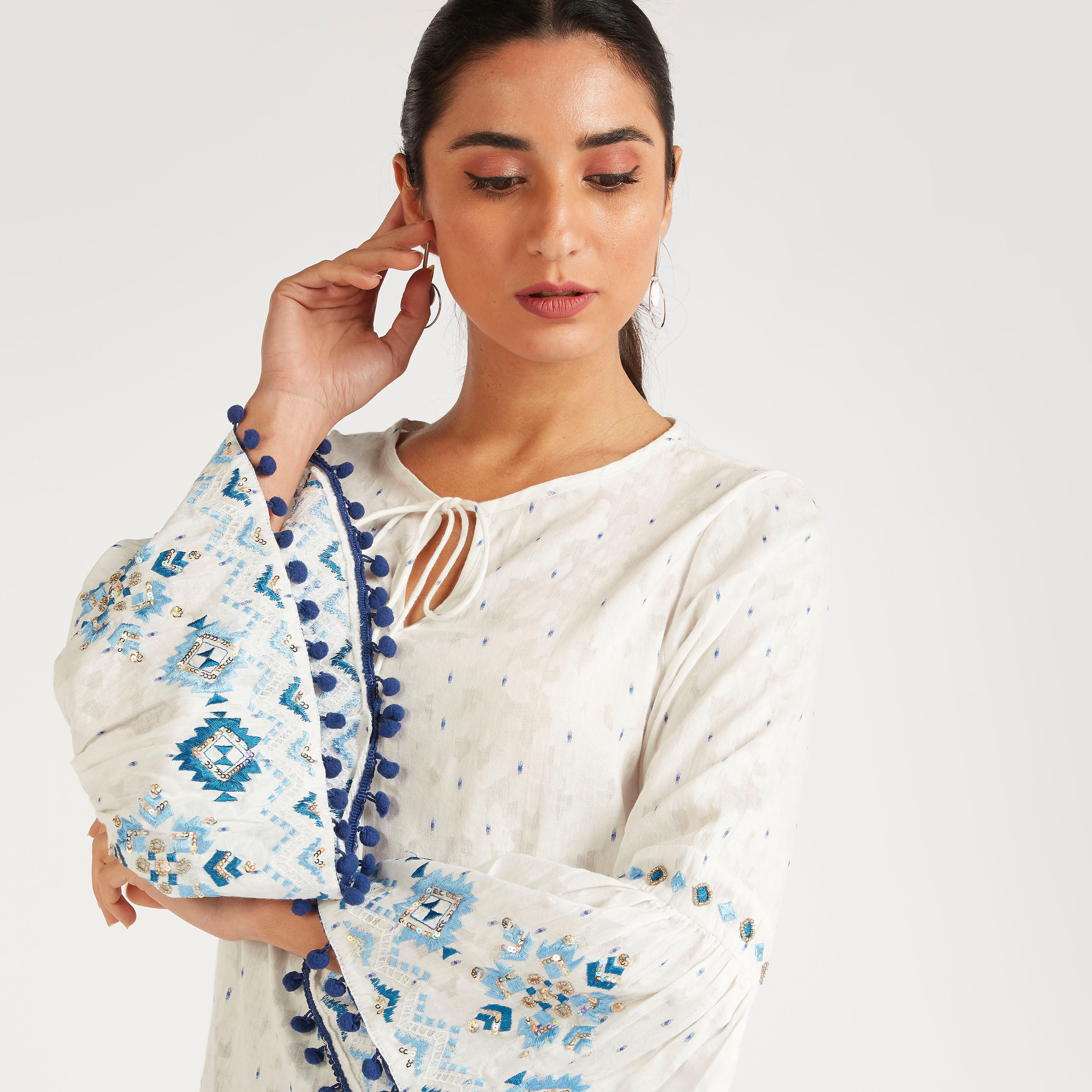 Embroidered Top with Neck Tie-Up and Flared Sleeves-women-clothing-shirtsandblouses-blouses-image-7