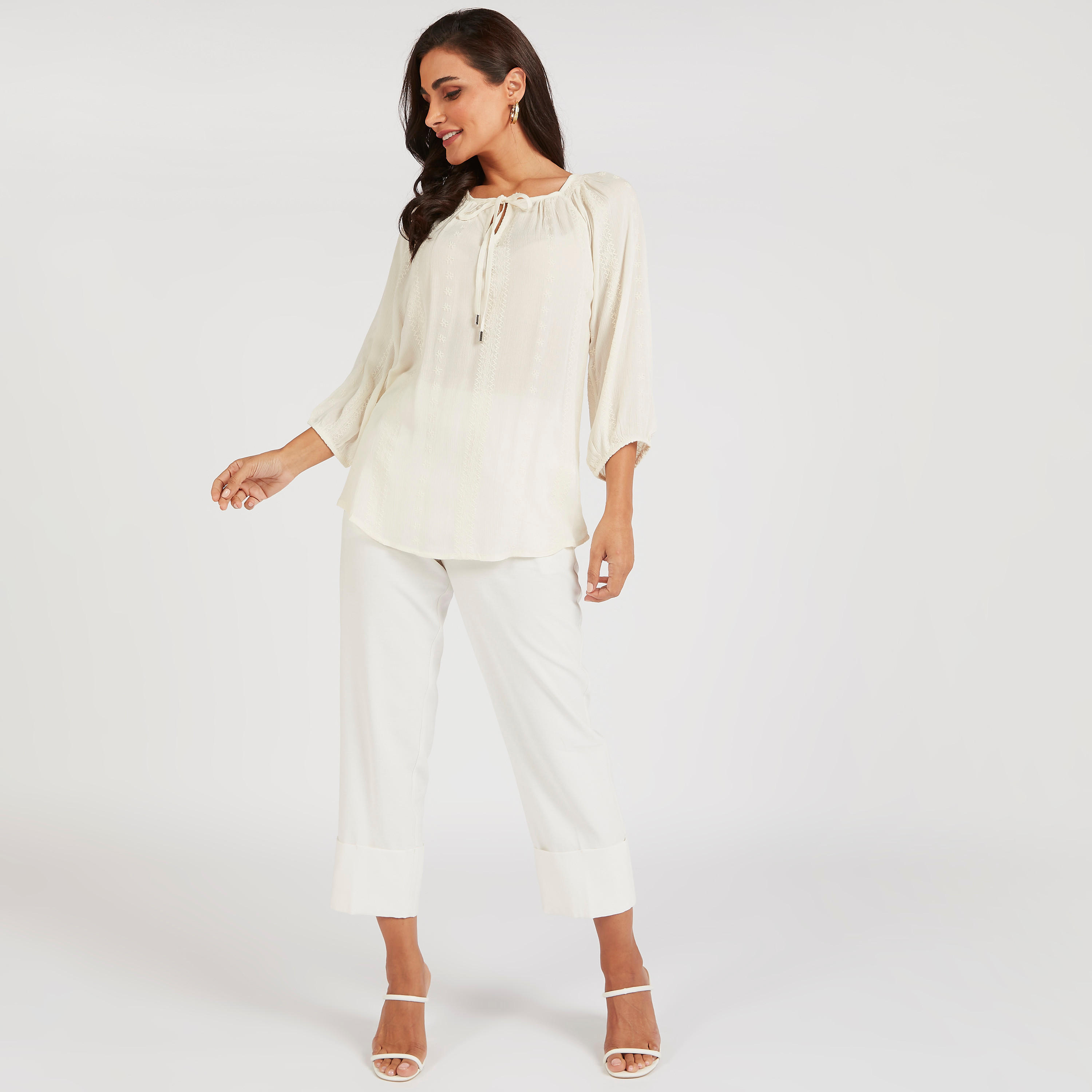 بلوزة بارزة الملمس بأكمام 3/4 وربطة عنق-women-clothing-shirtsandblouses-blouses-image-3