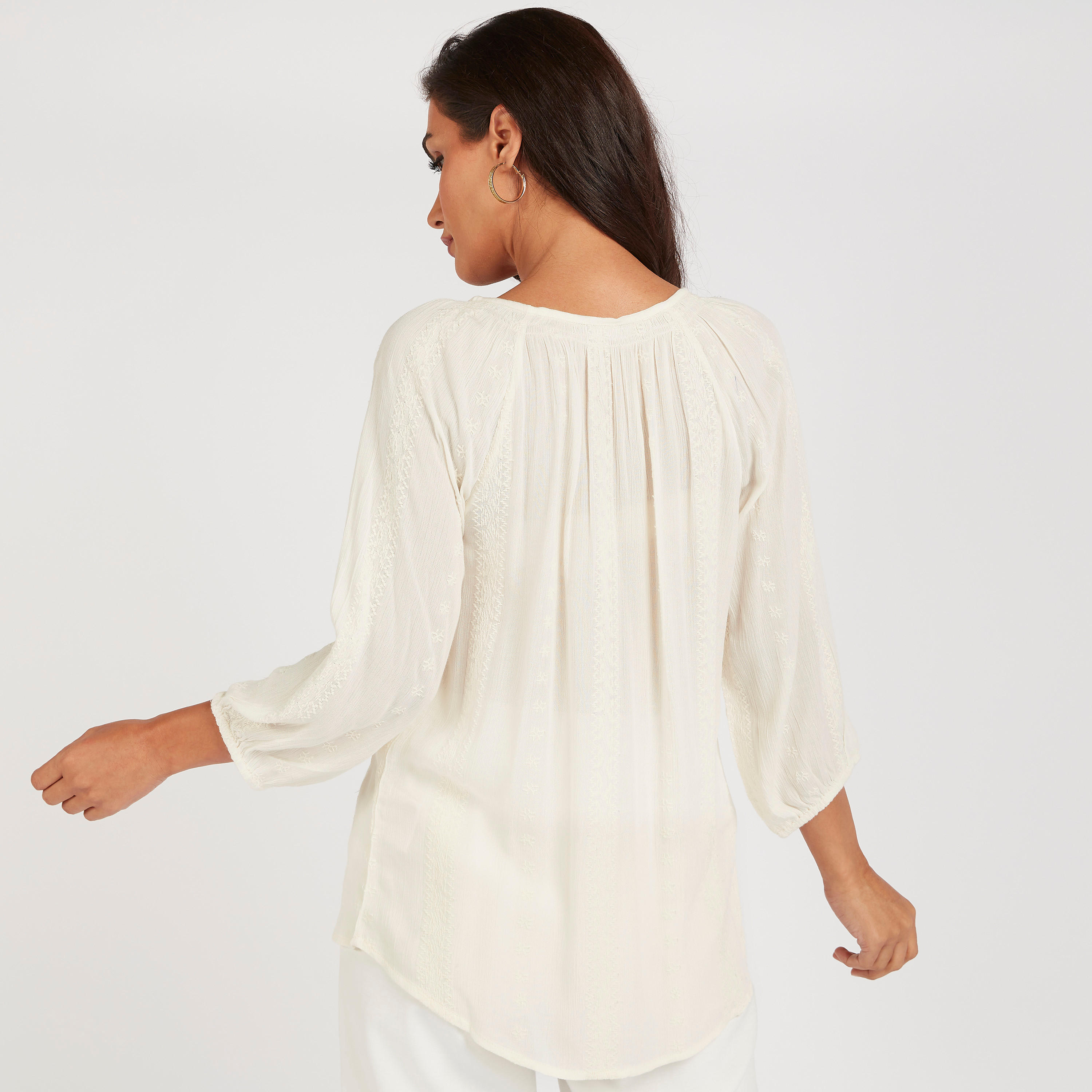 بلوزة بارزة الملمس بأكمام 3/4 وربطة عنق-women-clothing-shirtsandblouses-blouses-image-4