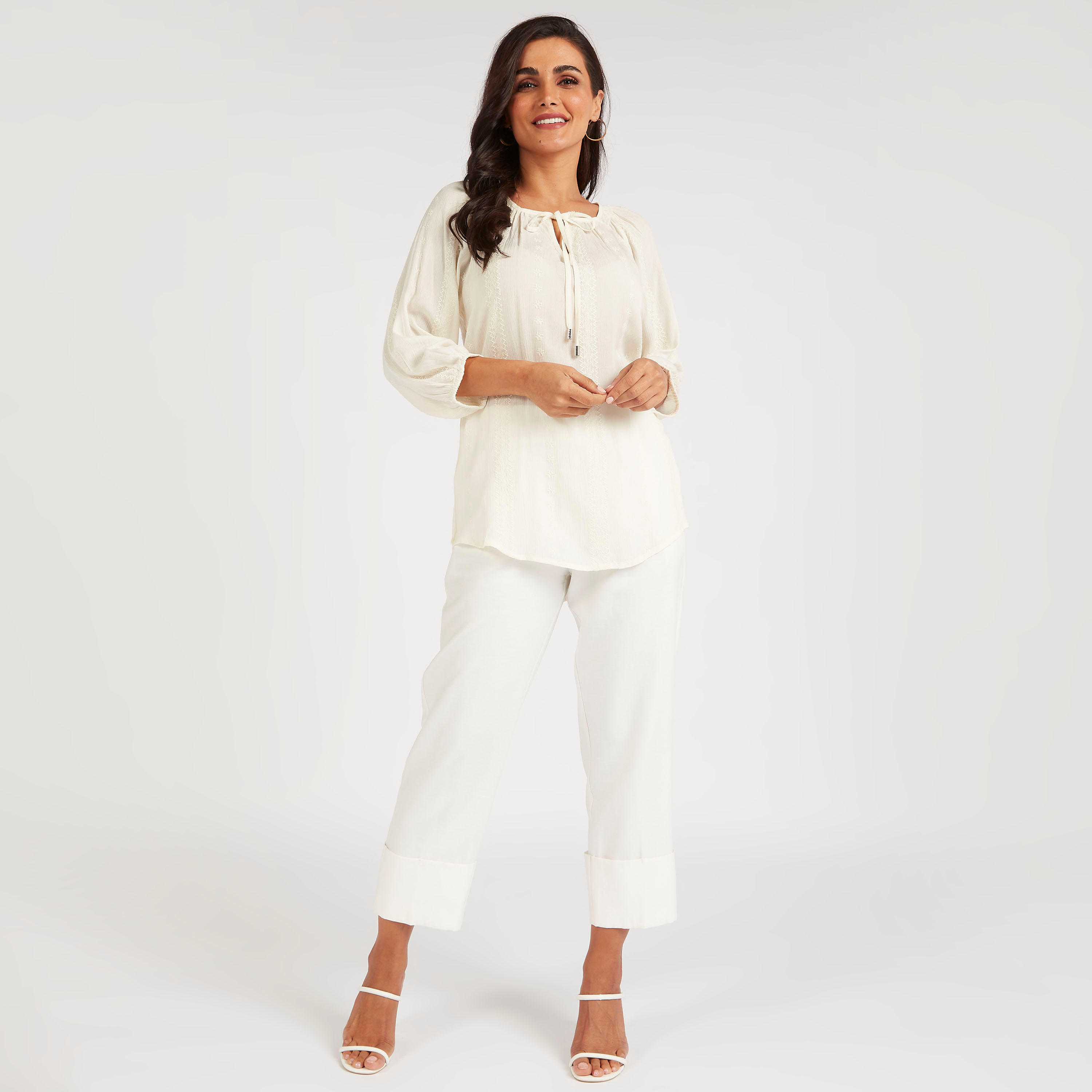 بلوزة بارزة الملمس بأكمام 3/4 وربطة عنق-women-clothing-shirtsandblouses-blouses-image-5