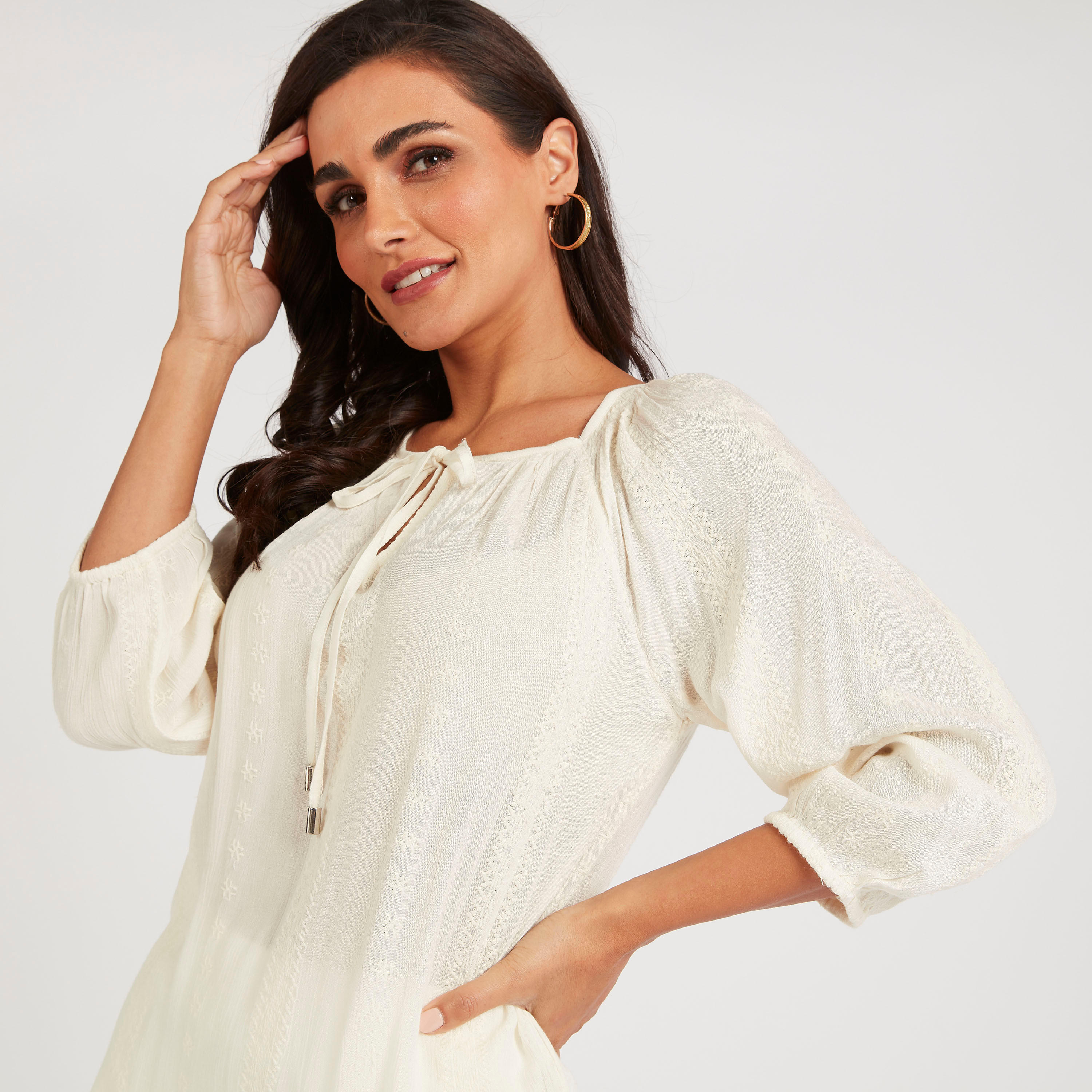 بلوزة بارزة الملمس بأكمام 3/4 وربطة عنق-women-clothing-shirtsandblouses-blouses-image-7