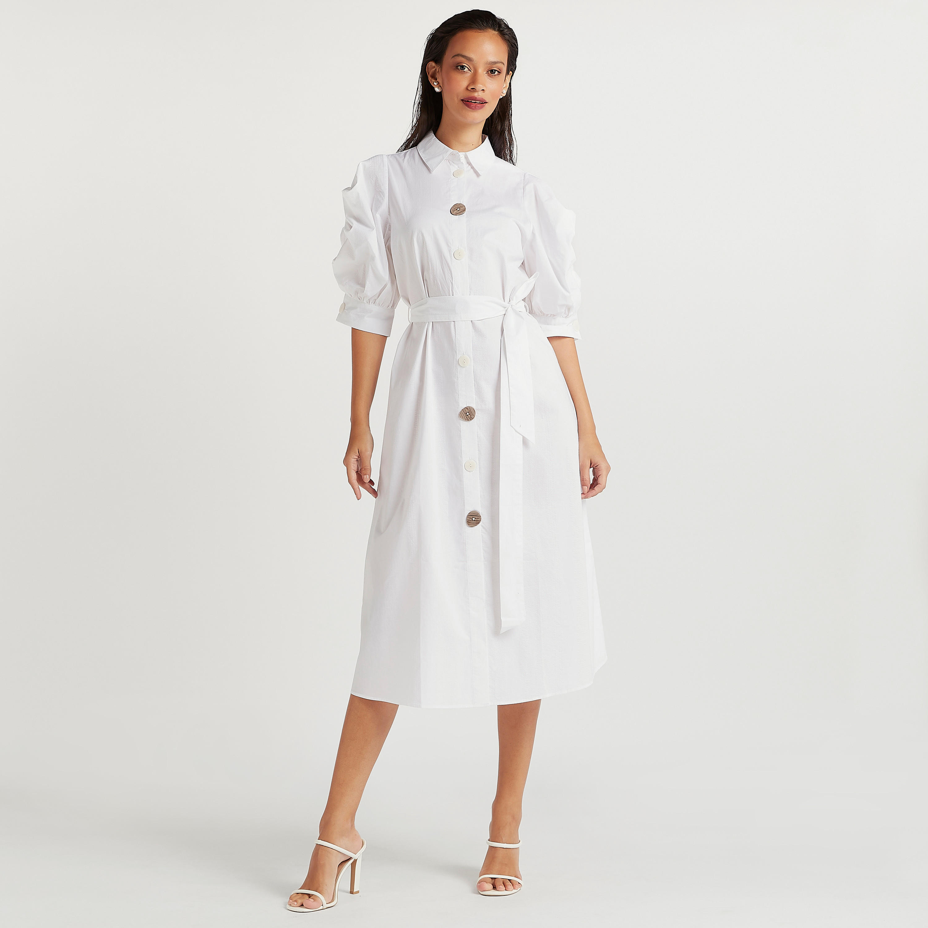 فستان قميص ميدي بارز الملمس بأكمام منفوخة-women-clothing-dresses-image-2