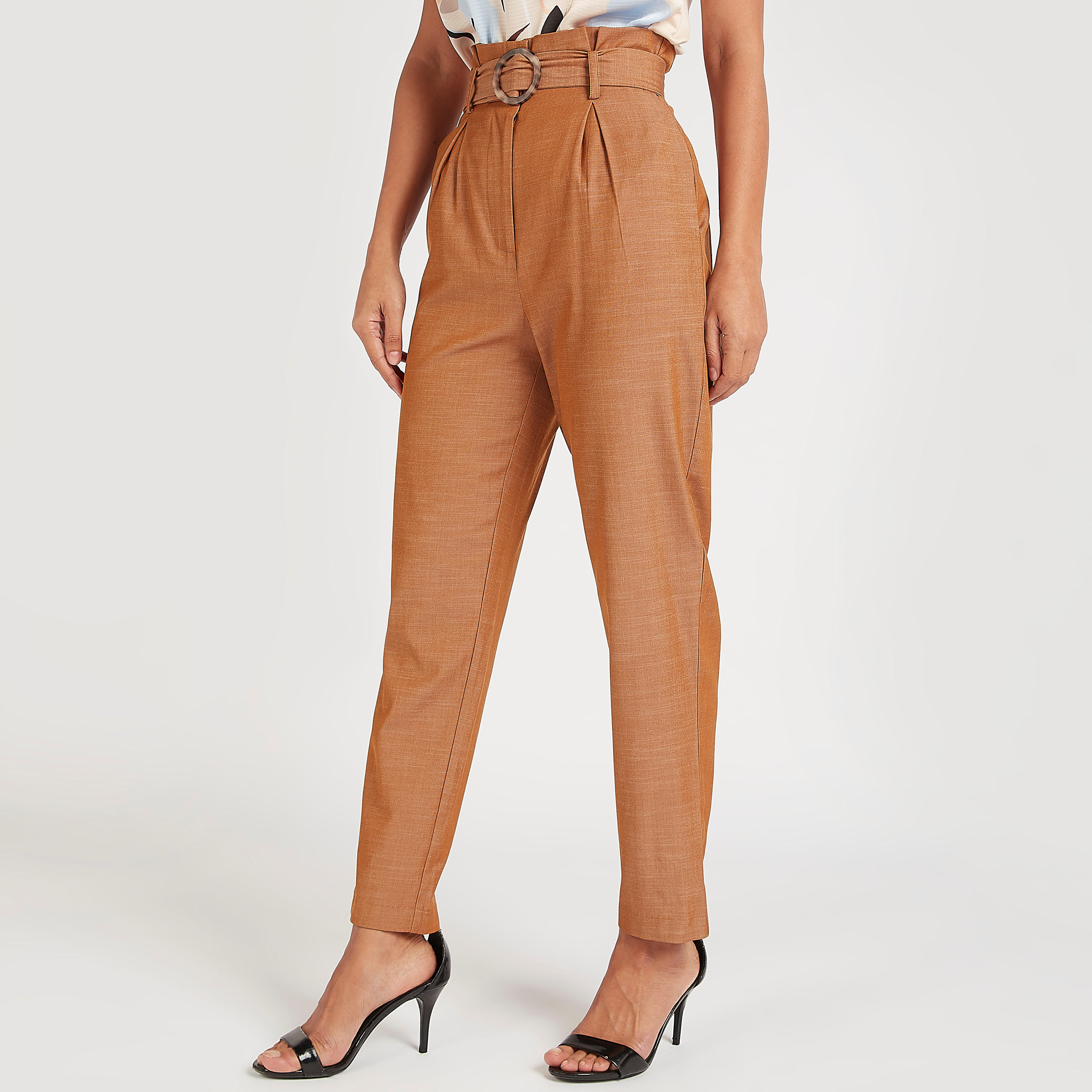 بنطلون سادة بخصر بيبر باج وحزام حلقة-women-clothing-bottoms-trousers-image-1