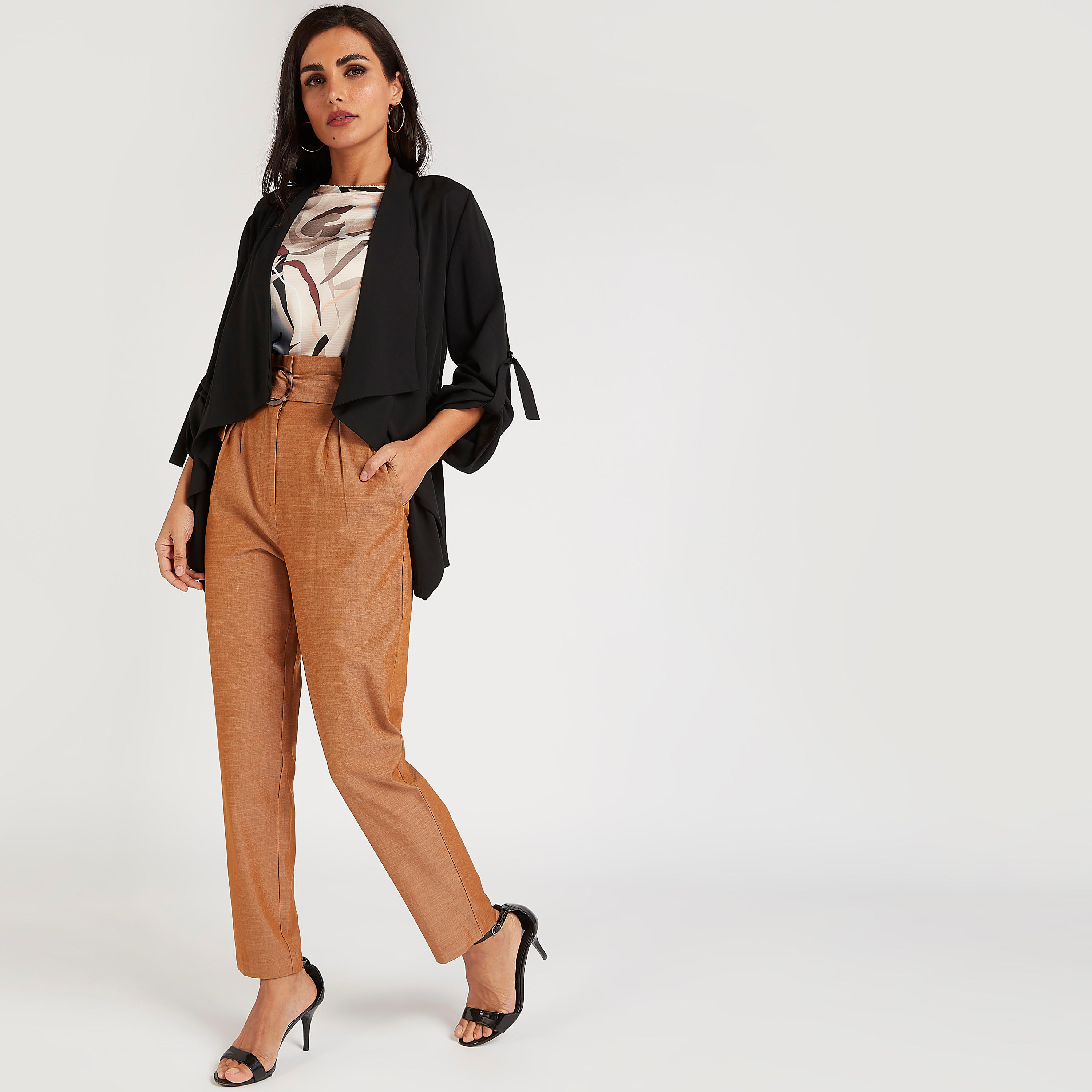 بنطلون سادة بخصر بيبر باج وحزام حلقة-women-clothing-bottoms-trousers-image-2