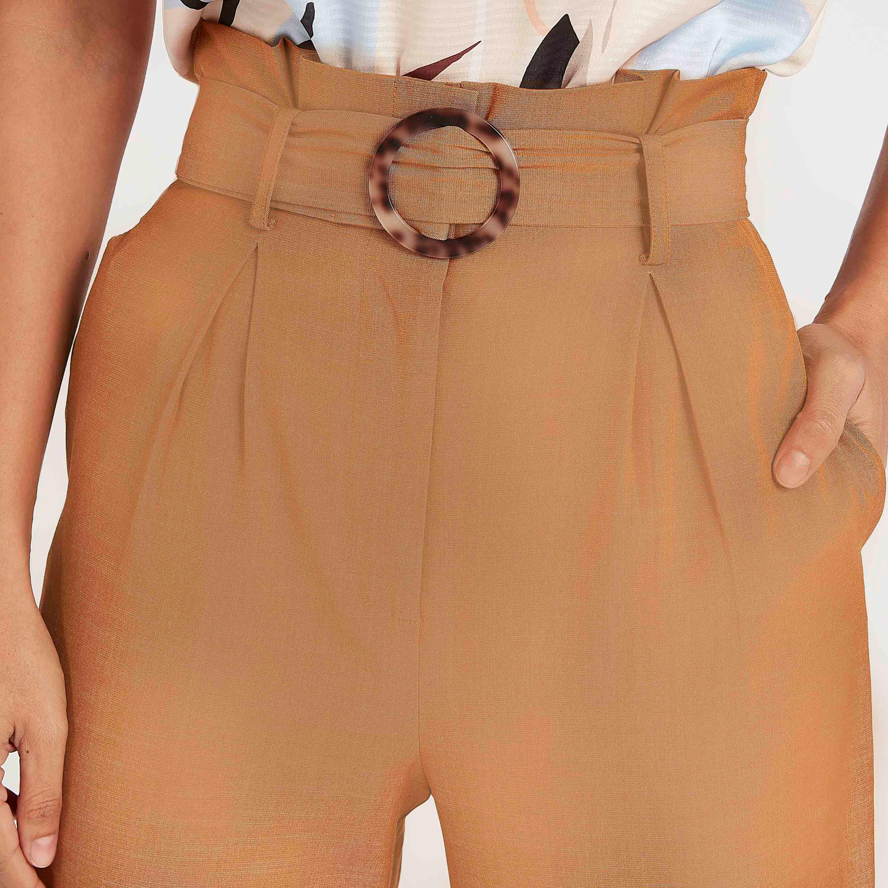 بنطلون سادة بخصر بيبر باج وحزام حلقة-women-clothing-bottoms-trousers-image-3