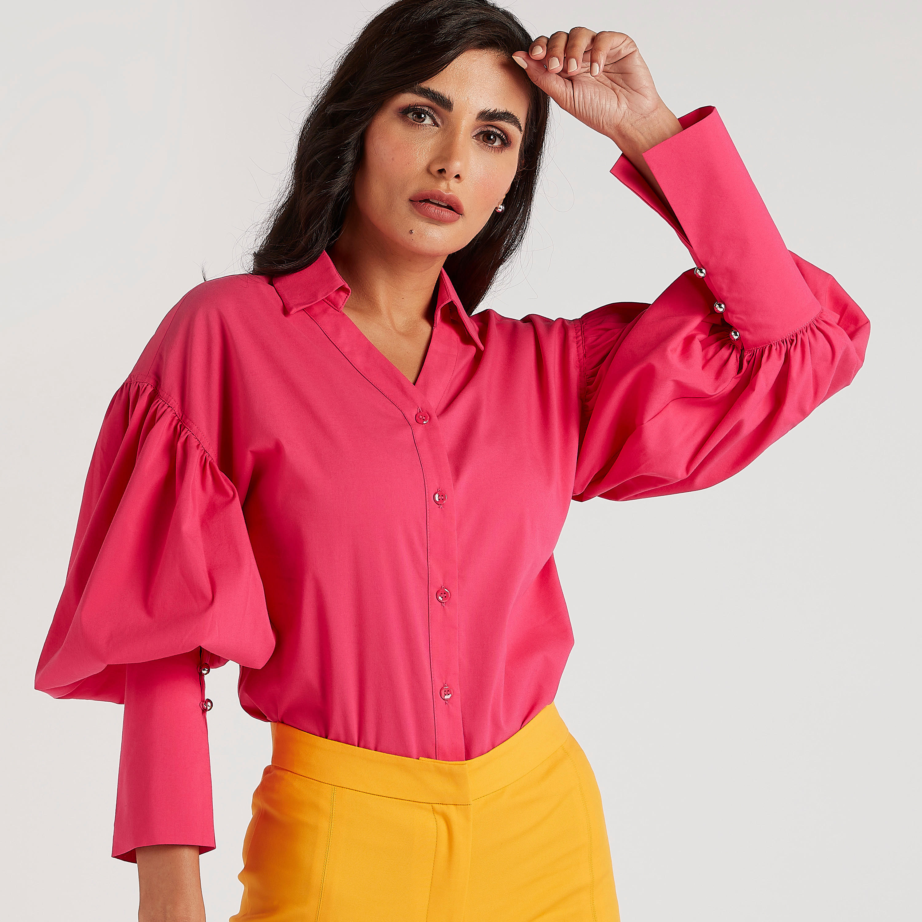 Solid Shirt with Long Puff Sleeves-women-clothing-shirtsandblouses-shirts-image-1