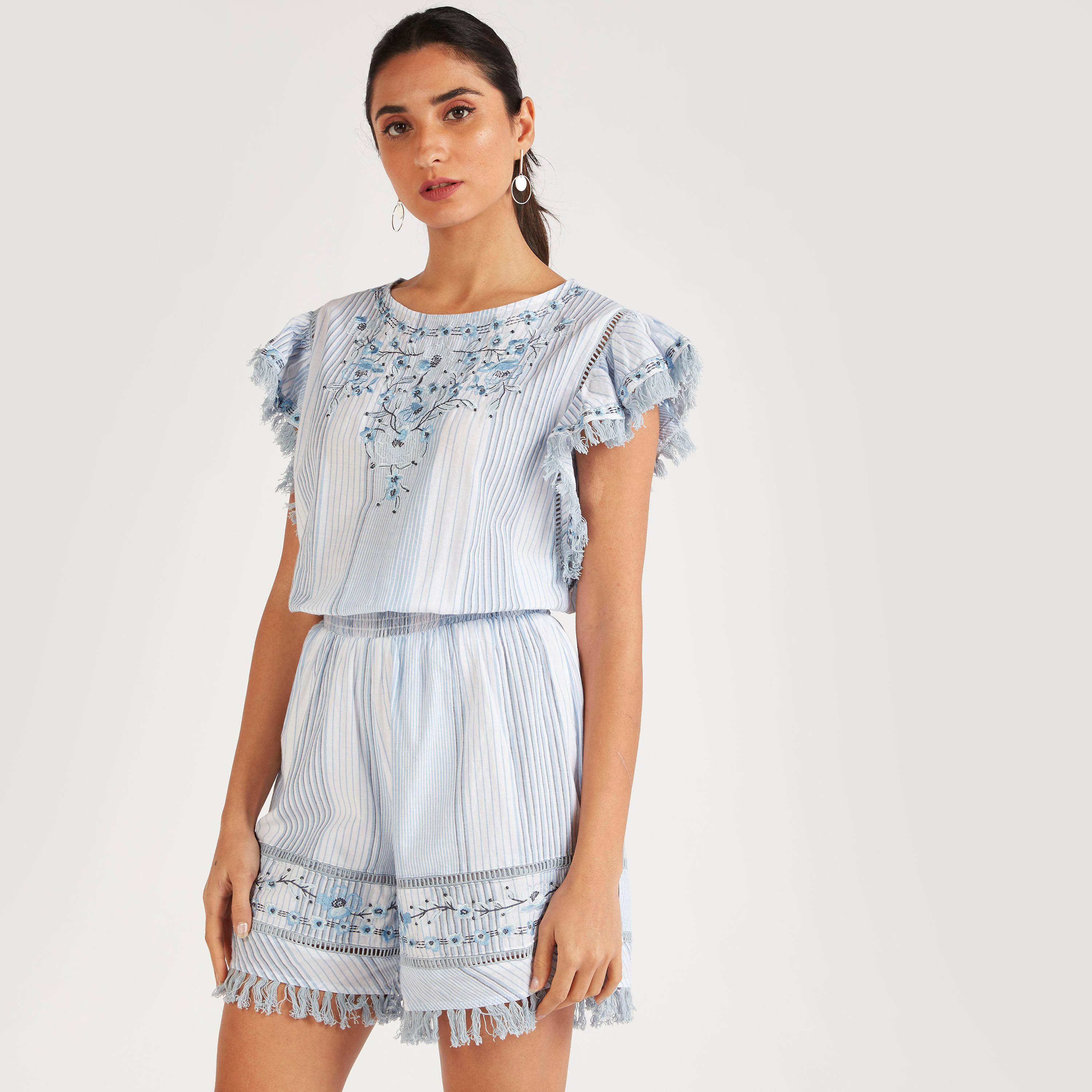 Embroidered Mini Playsuit with Short Sleeves-women-clothing-jumpsuits-image-1