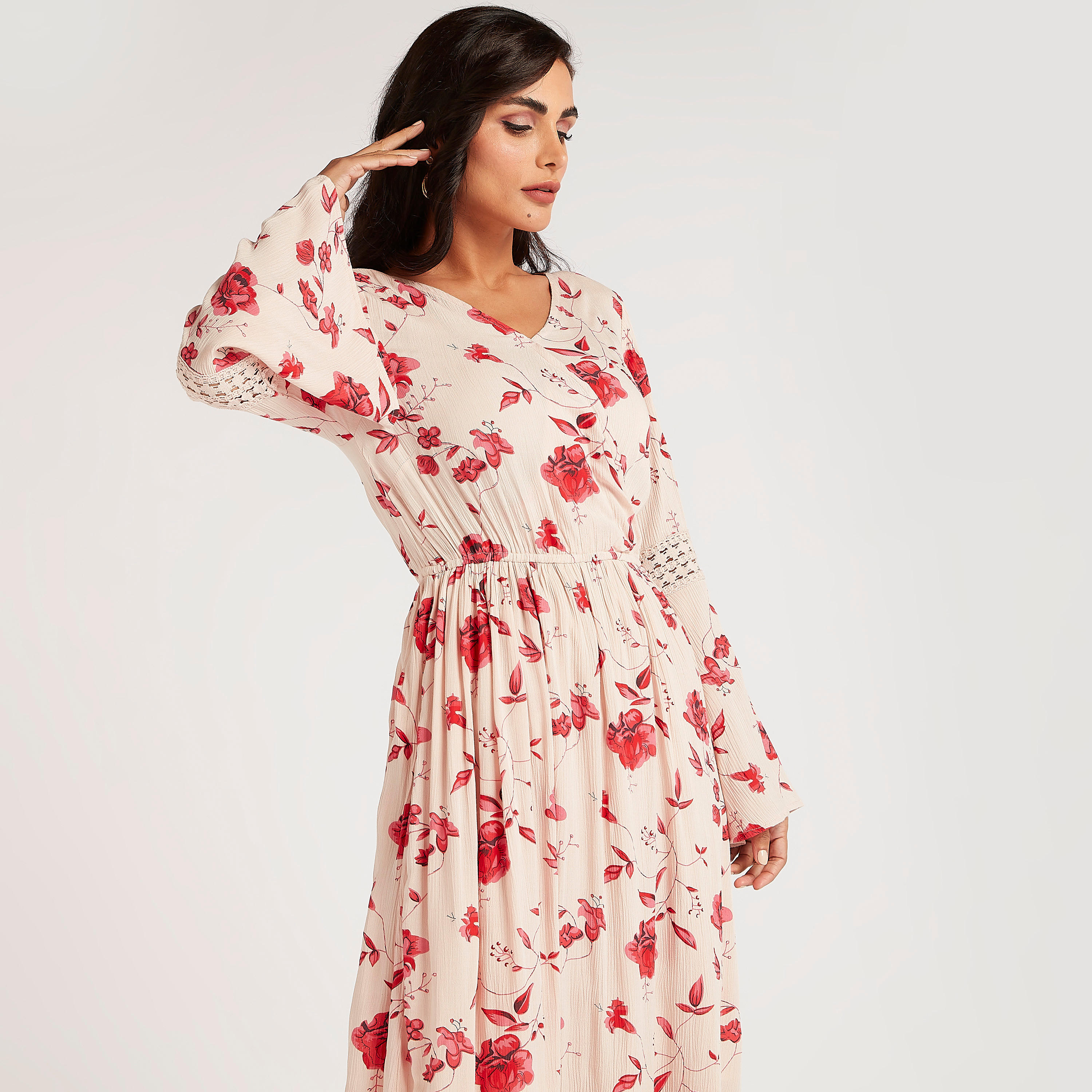 فستان إيه لاين طويل بطبعات أزهار وأكمام واسعة-women-clothing-dresses-image-4
