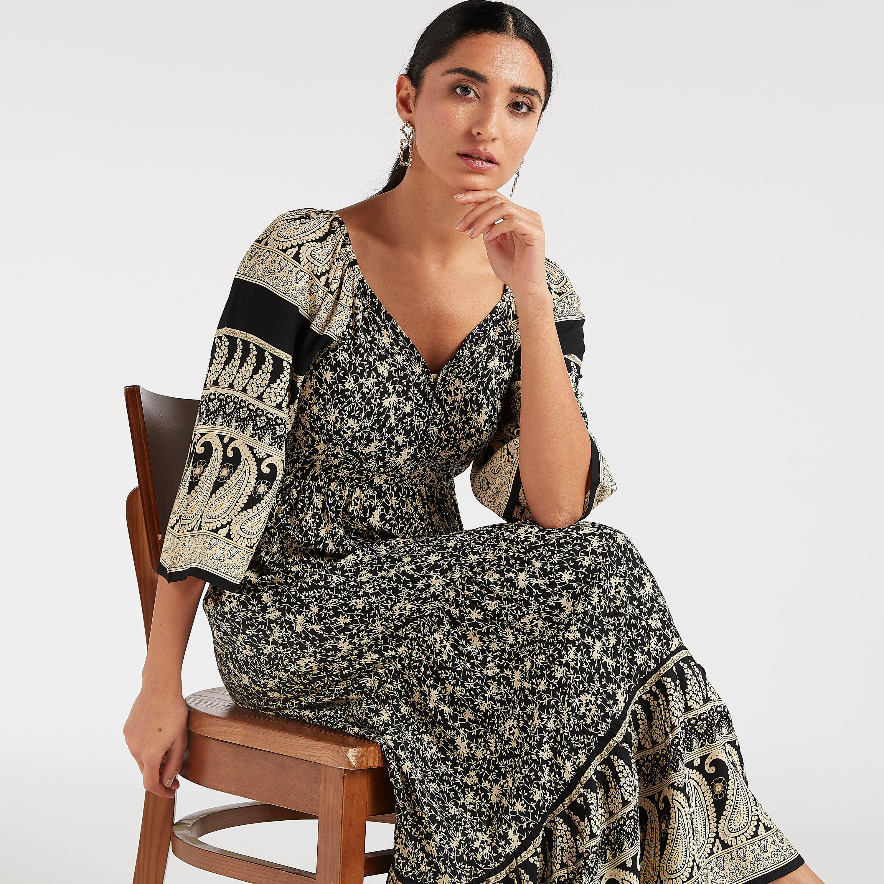 Printed Maxi A-line Dress with Flared Sleeves-women-clothing-dresses-image-1