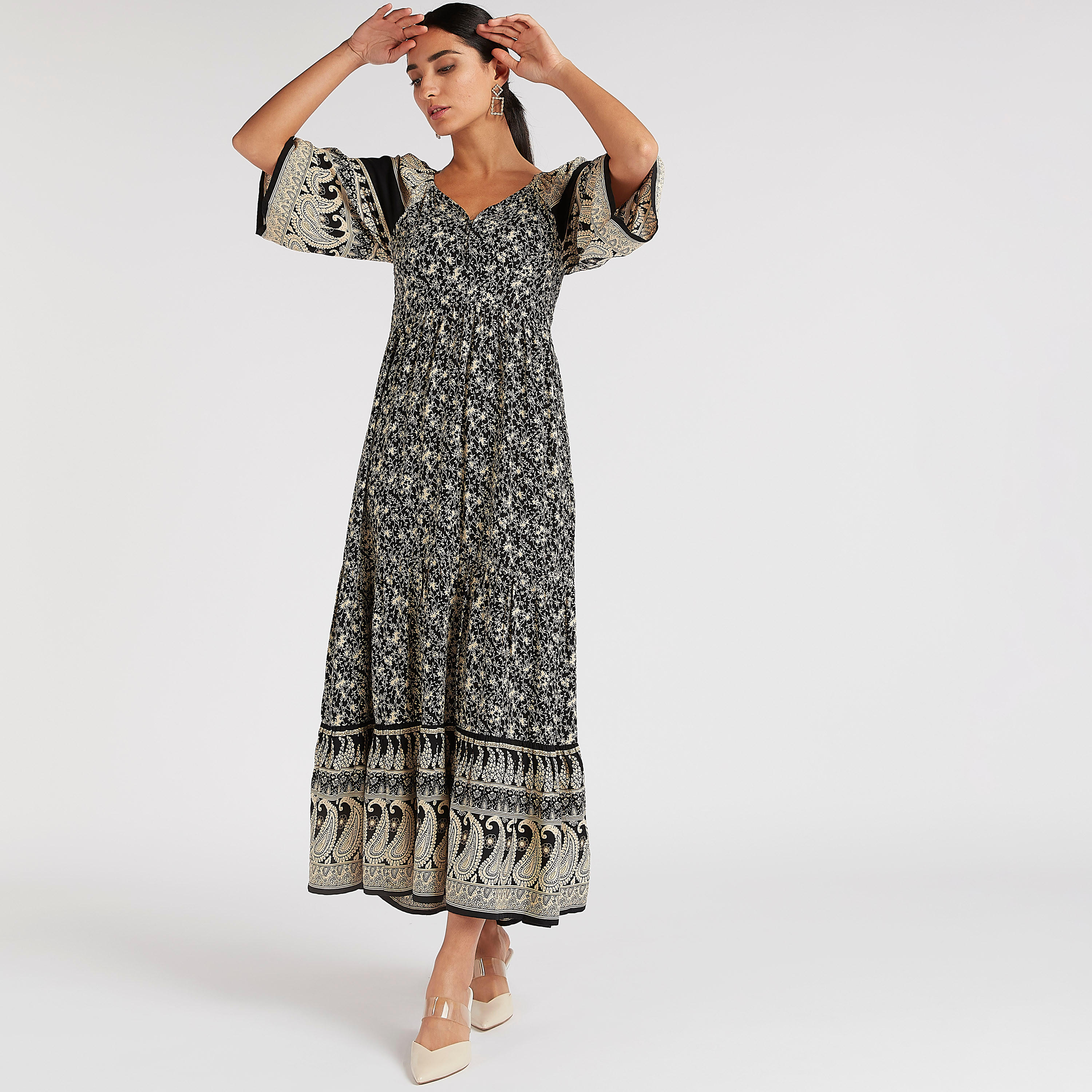Printed Maxi A-line Dress with Flared Sleeves-women-clothing-dresses-image-2