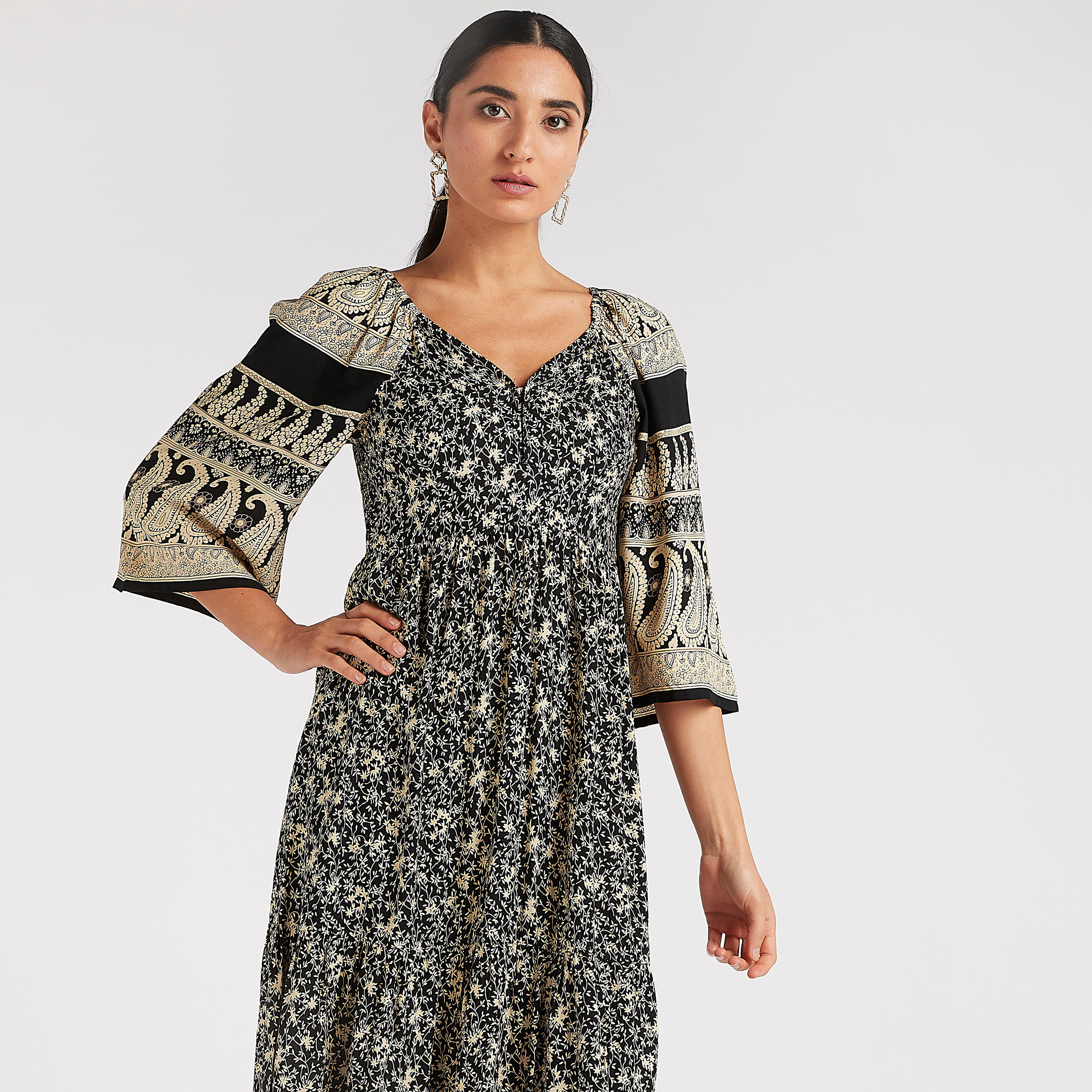 Printed Maxi A-line Dress with Flared Sleeves-women-clothing-dresses-image-6