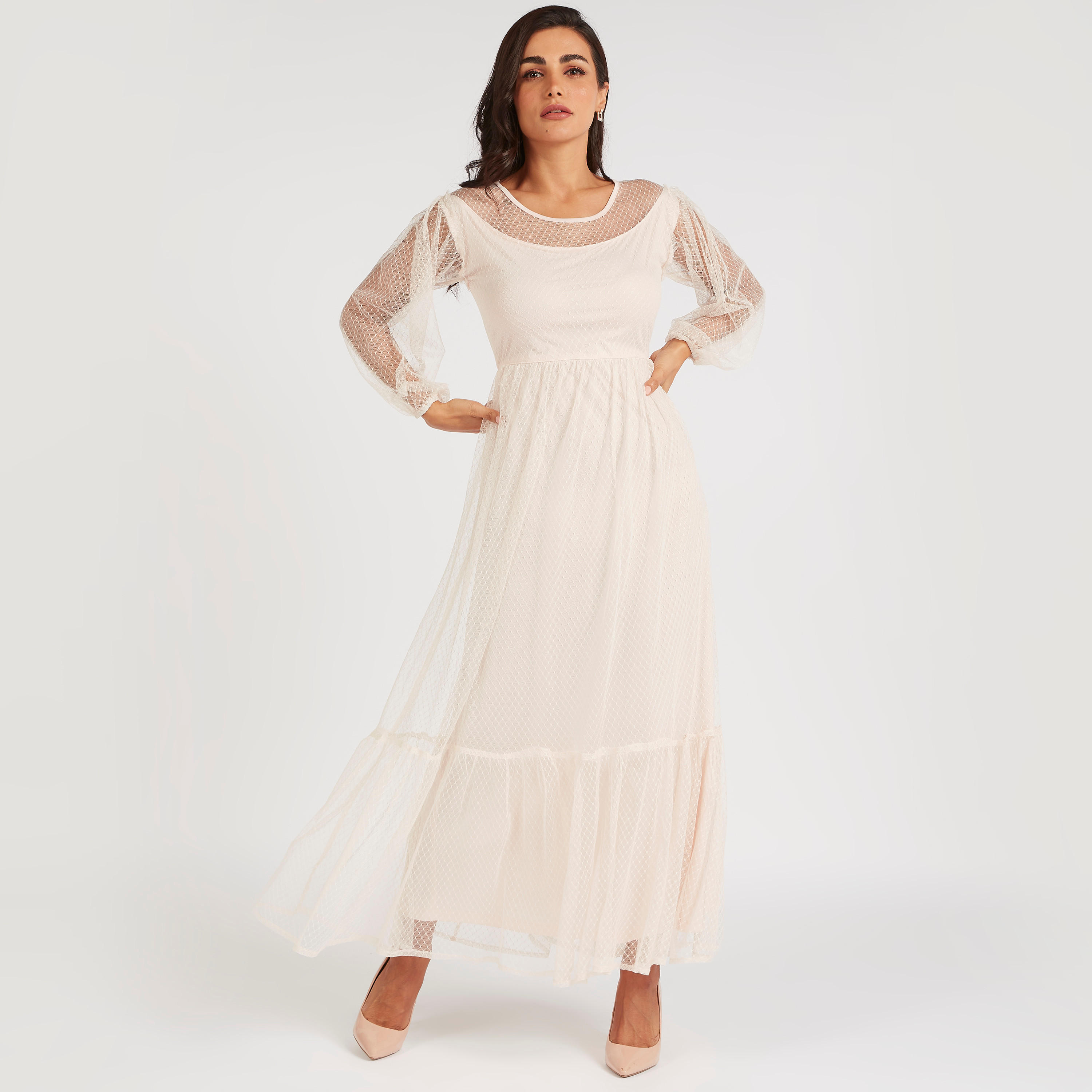 فستان طويل بارز الملمس بأكمام طويلة وياقة مستديرة-women-clothing-dresses-image-1