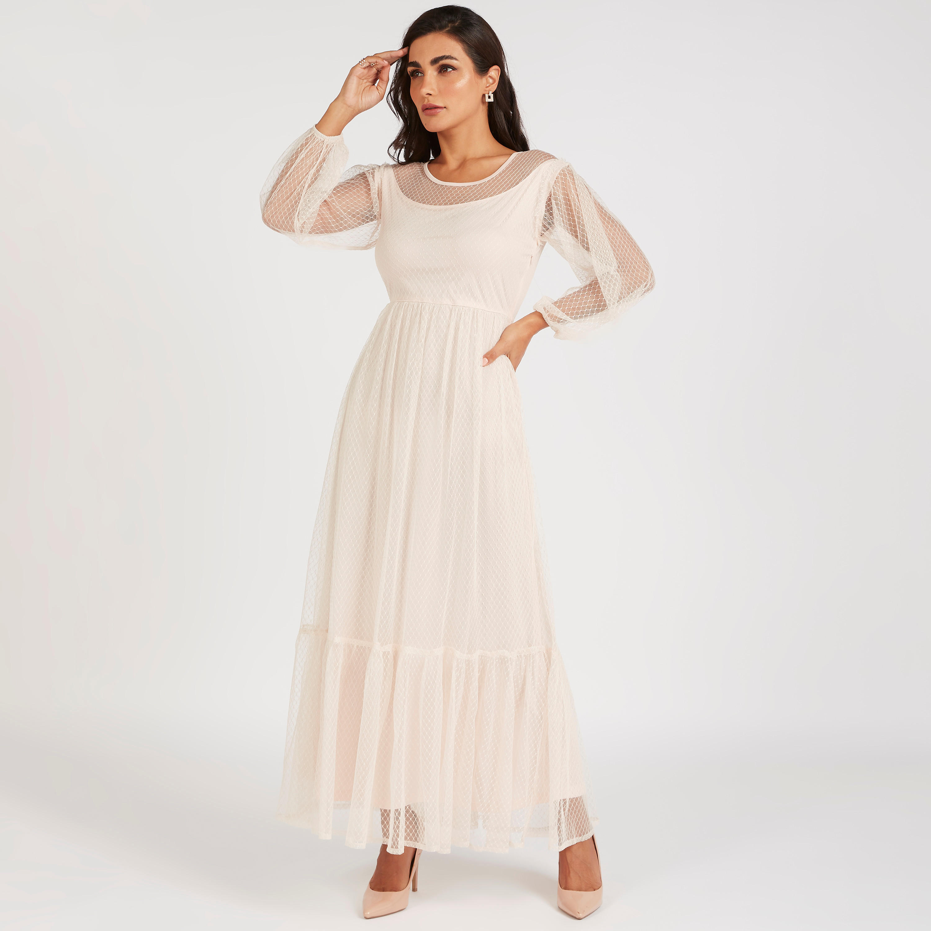 فستان طويل بارز الملمس بأكمام طويلة وياقة مستديرة-women-clothing-dresses-image-2
