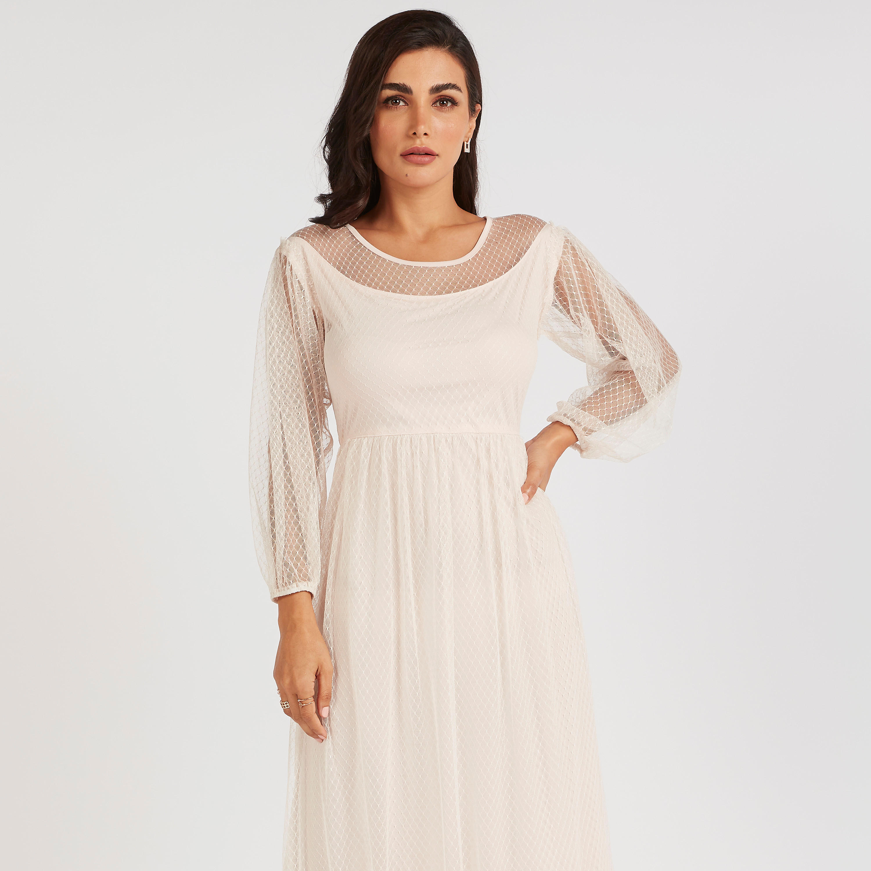 فستان طويل بارز الملمس بأكمام طويلة وياقة مستديرة-women-clothing-dresses-image-5