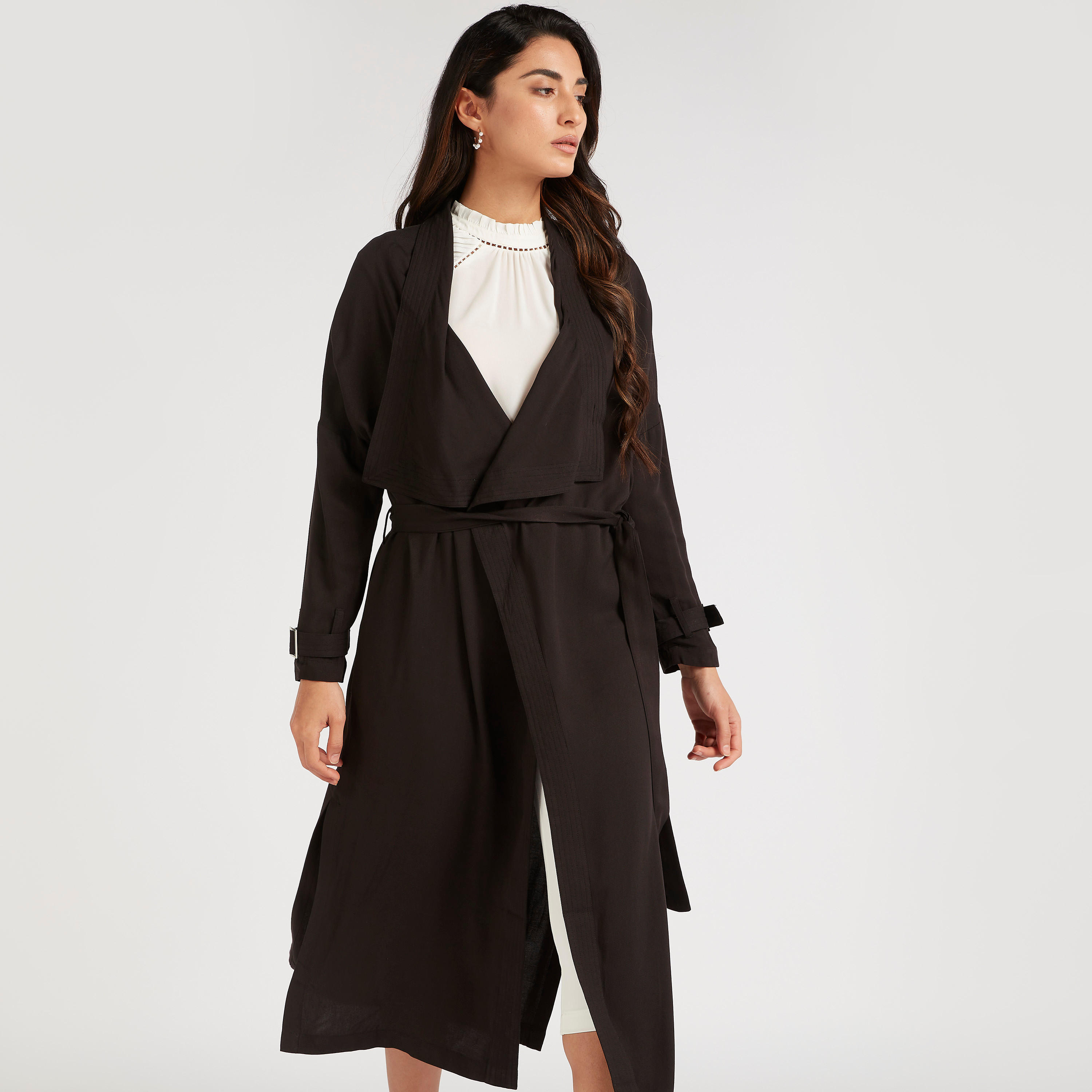 معطف سادة خفيف بحزام وإبزيم-women-clothing-coatsandjackets-coats-image-1
