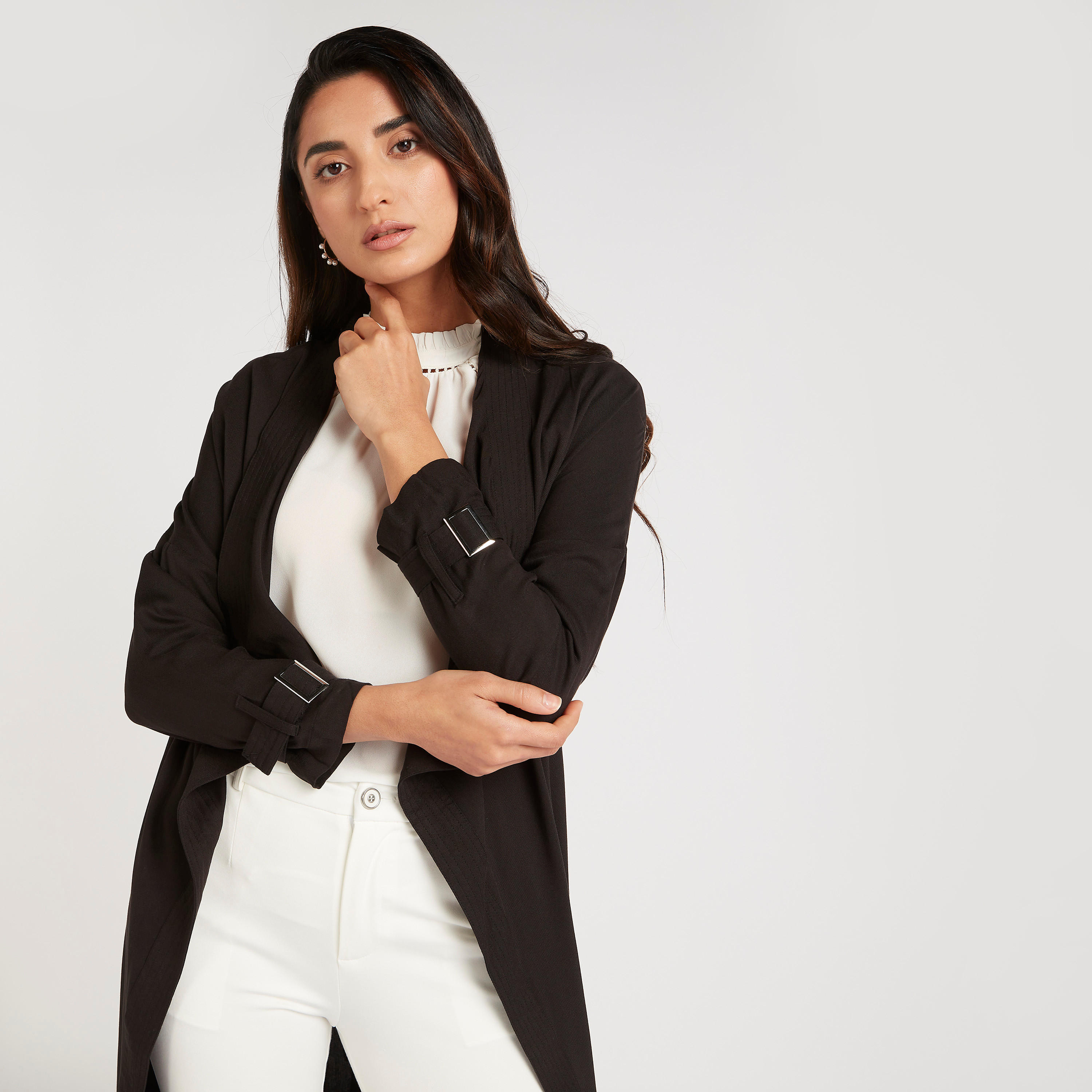 معطف سادة خفيف بحزام وإبزيم-women-clothing-coatsandjackets-coats-image-3