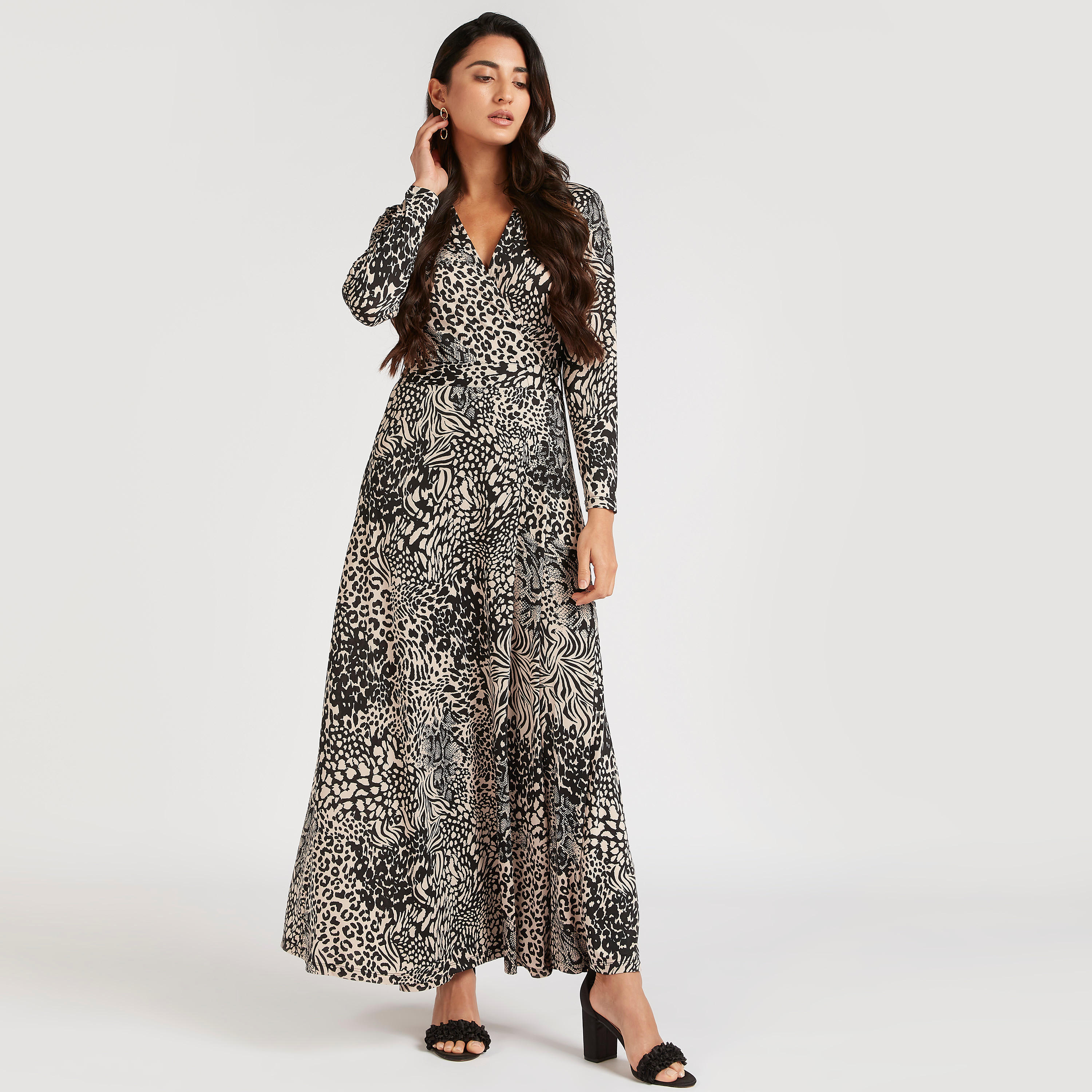 فستان إيه لاين طويل بياقة V وأكمام طويلة و طبعات حيوانات-women-clothing-dresses-image-5