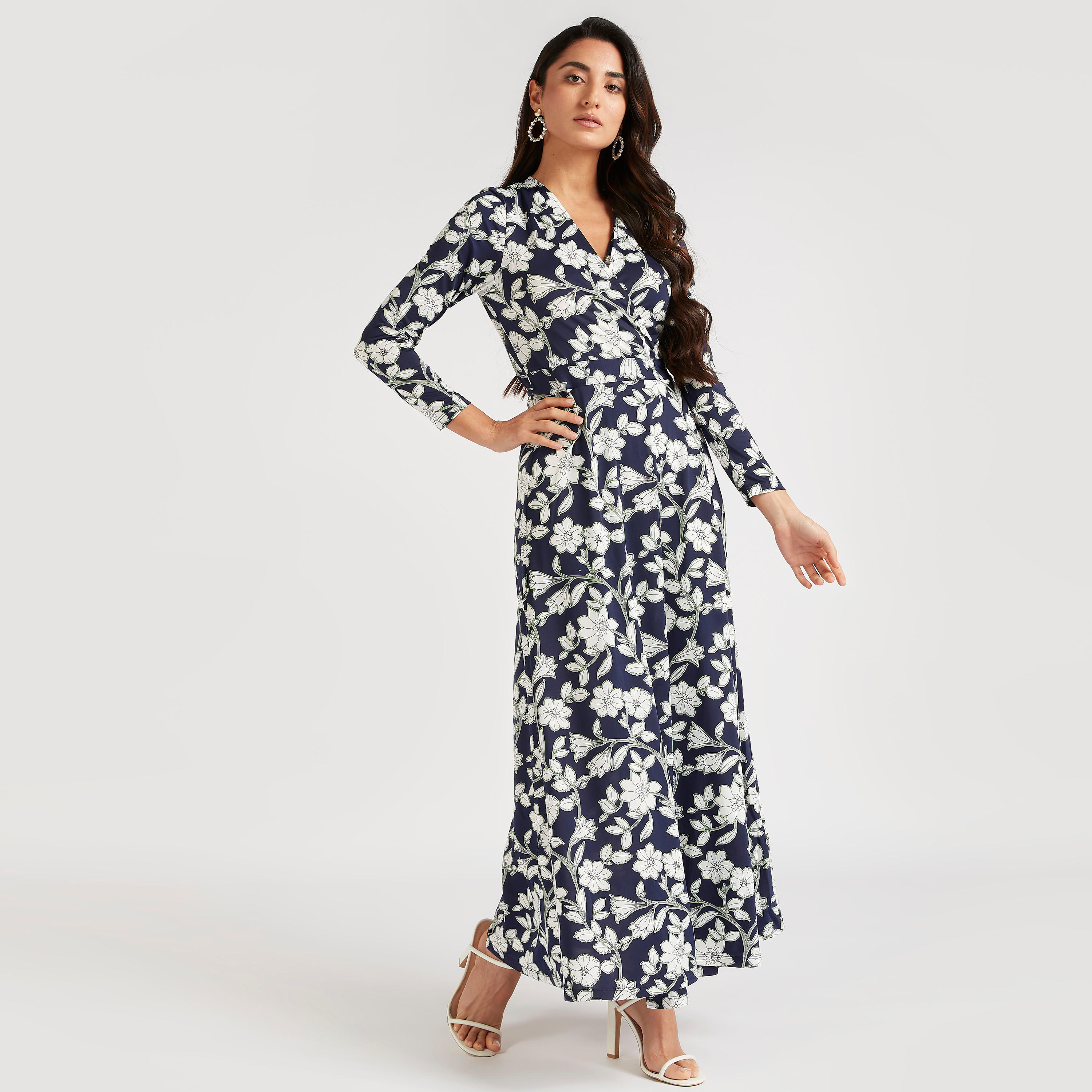 فستان إيه لاين طويل بياقة V وأكمام طويلة و طبعات أزهار-women-clothing-dresses-image-2